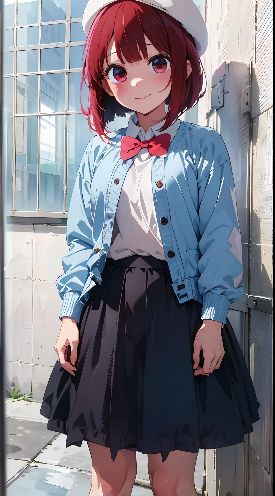 Masterpiece to the smallest detail、top-quality、1girl in、Solo looks 12 years old、150cm petite beautiful girl、small tits、12-year-old baby face、red hairs、Gradient bob in the forward、Pink and violet mesh、red eyes、Red eyes、Tall, big eyes、Outstanding looks、A lovely child、proximity、closed_mouth、a smile、red blush、full of shyness、blue headwear、Hats、pink bowtie、校服、 Blue jacket、jaket、skirt by the、Gray skirt shirt、white  shirt、an legs、Black socks、sitting on、‎Classroom、hair_ornament、looking_at_viewer、beatiful detailed eyes、Akame、panties on、lift up one's skirt、Professional effects、