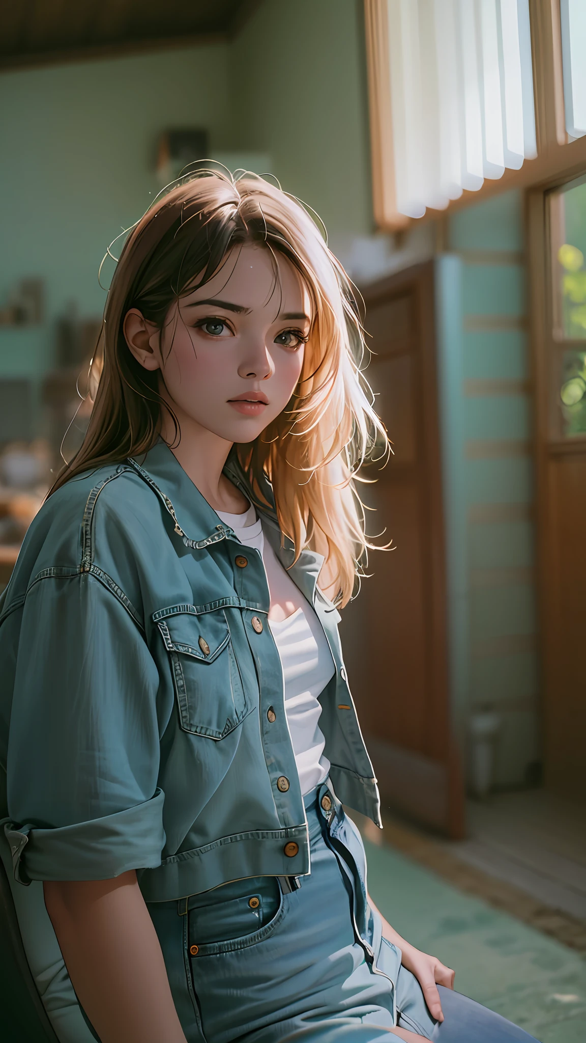 (RAW photo, 4k, masterpiece, high resolution, extremely complex) (realistic: 1.4), cinematic lighting 1 girl, single focus, summer noon, hot, 1990s \ (style), denim lens, interior