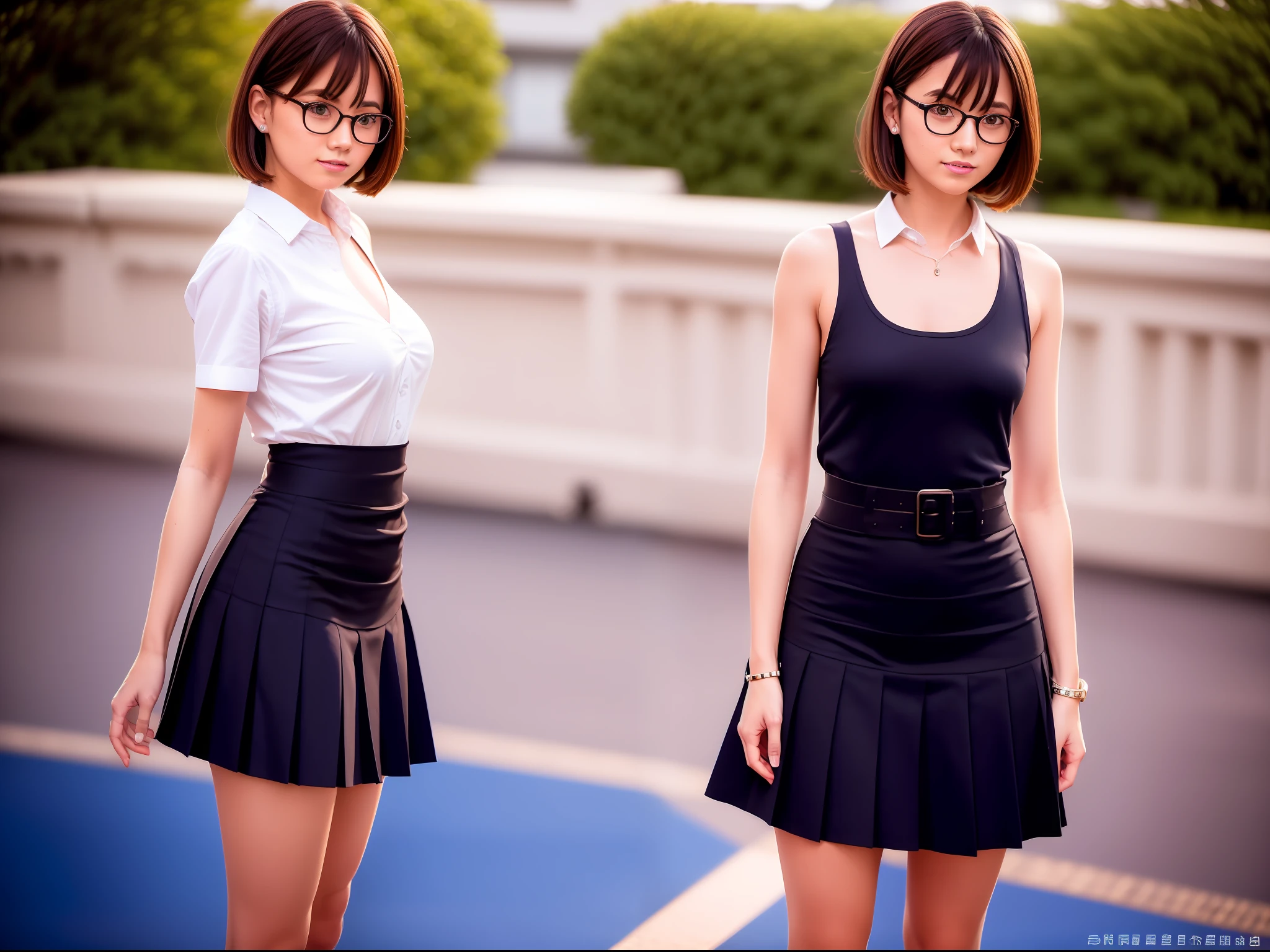 （8K、RAW photography、best qualtiy、masterwork：1.2）,Shorter hair,solo person, 独奏,eye glass,,dark look,Small breasts,full bodyesbian,Round glasses、A pretty、Japan  Woman,standing on your feet,Hard-eyed,Skinny,Rasping,Anger,small tits,Flat breasts（Realistic、photorealestic：1.37）、best qualtiy、超高分辨率、photon maping、、Light blue ribbon,Realistic、Cute little face,short hair ponytail,with brown eye、Black socks、Red bow tie、Radio City、physically-based renderingt、Blurred、foreground、depth of fields、The background is blurred out、photore_\,The girls、Body, Long legs, Thin leg, Medium hair,(Bangs are visible), Hair_decorations, Carnal lips, Blue_The eye, nosesoft, Light blue shirt, Navy blue and white plaid pleated skirt, Sheer clothing, Black loafers, upper legs, Black cotton socks,
