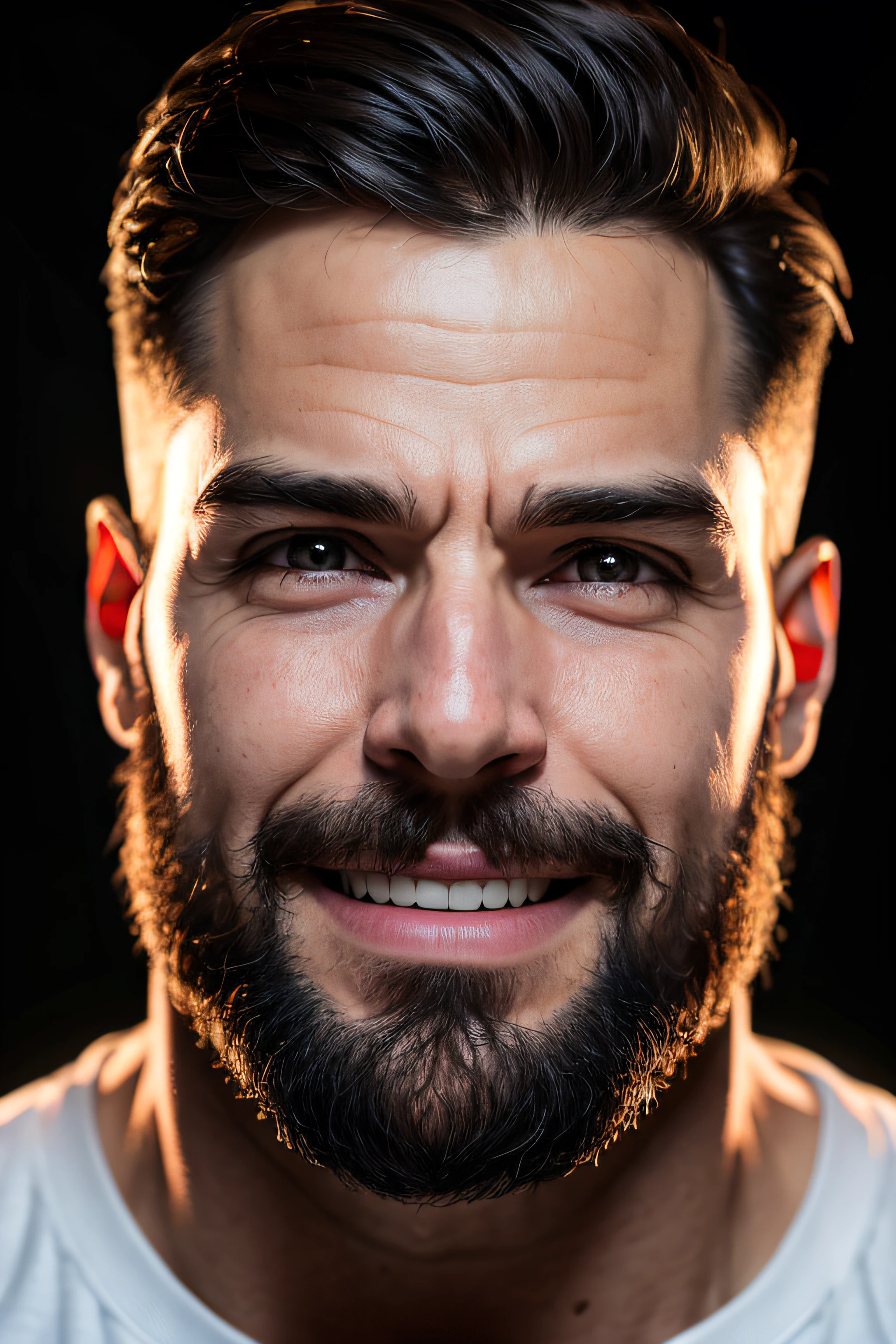 Face de um homen hipnotizante sorrindo alegre , realisticamente, dynamic lights, velho, barba por fazer cinza, rosto completo, (papel de parede 8k extremamente detalhado da unidade CG), trending on ArtStation, trend at CGSociety, alto detalhe, foco nítido, dramatic, fotorrealista