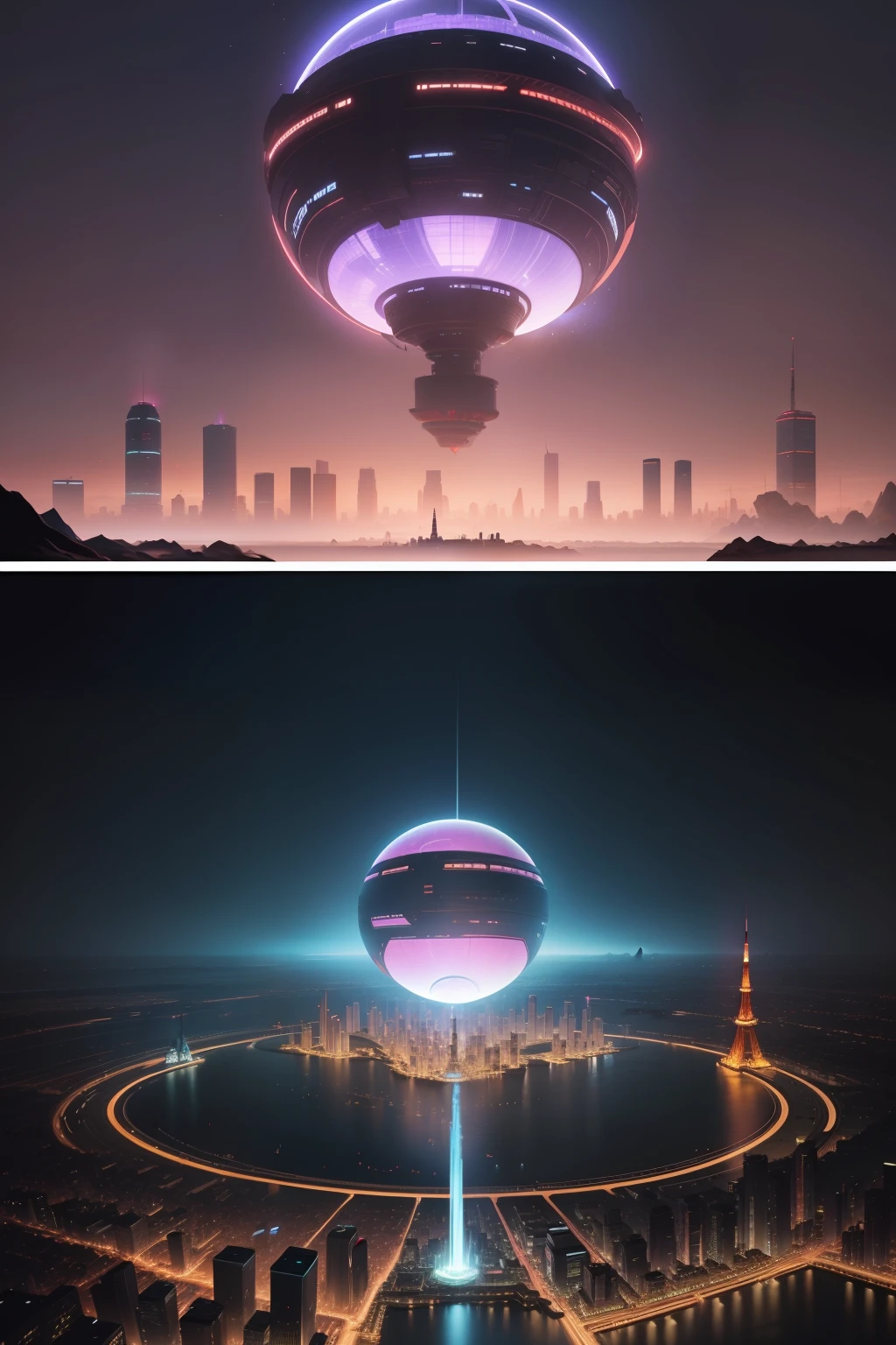 2199 years,A giant spherical AI futuristic city floating far above「NEO-TOKYO」, Far below, the remains of the decaying and crumbling Tokyo Tower can be faintly seen.