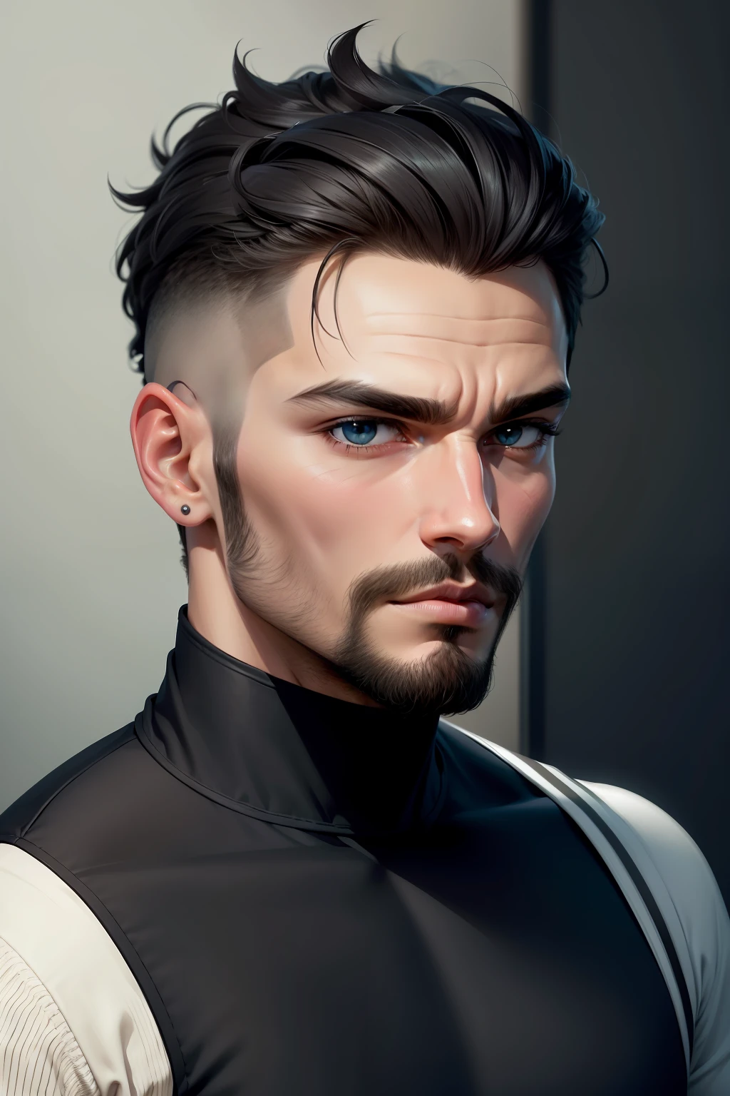 Personagem masculino minimalista, detalhes hiper realistas, rosto definido, sem barba, olhos castanhos claros, cabelo preto curto, moletom preto, viajante espacial.
