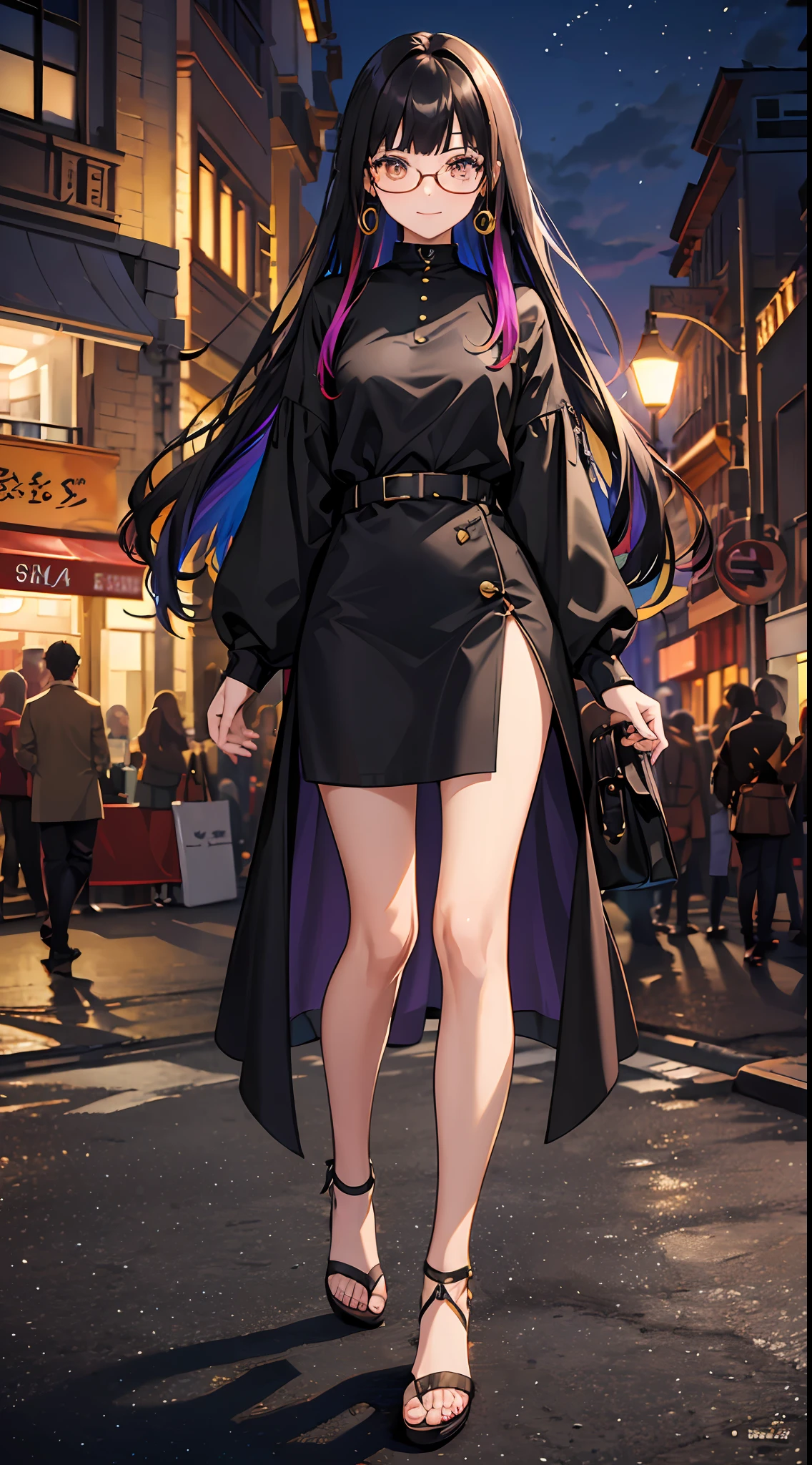 (masterpiece), best quality, expressive eyes, perfect face, 1girl, solo, bluntbangs hair, (illustration: 1.1), (best quality), (beautiful and clear background: 1.25), (extremely detailed CG unity 8k wallpaper: 1.1), (colorful: 0.9), (depth of field: 0.75),
(detailed eyes: 1.4), golden eyes, (multicolored hair: 1.2), black hair, bright eyes, multi line in hair, glasses, long hair
(purple shirtdress: 1.4),collar, earrings, sandals,
looking_at_viewer, smile, park, outdoor, night, detailed night lamp, close up,