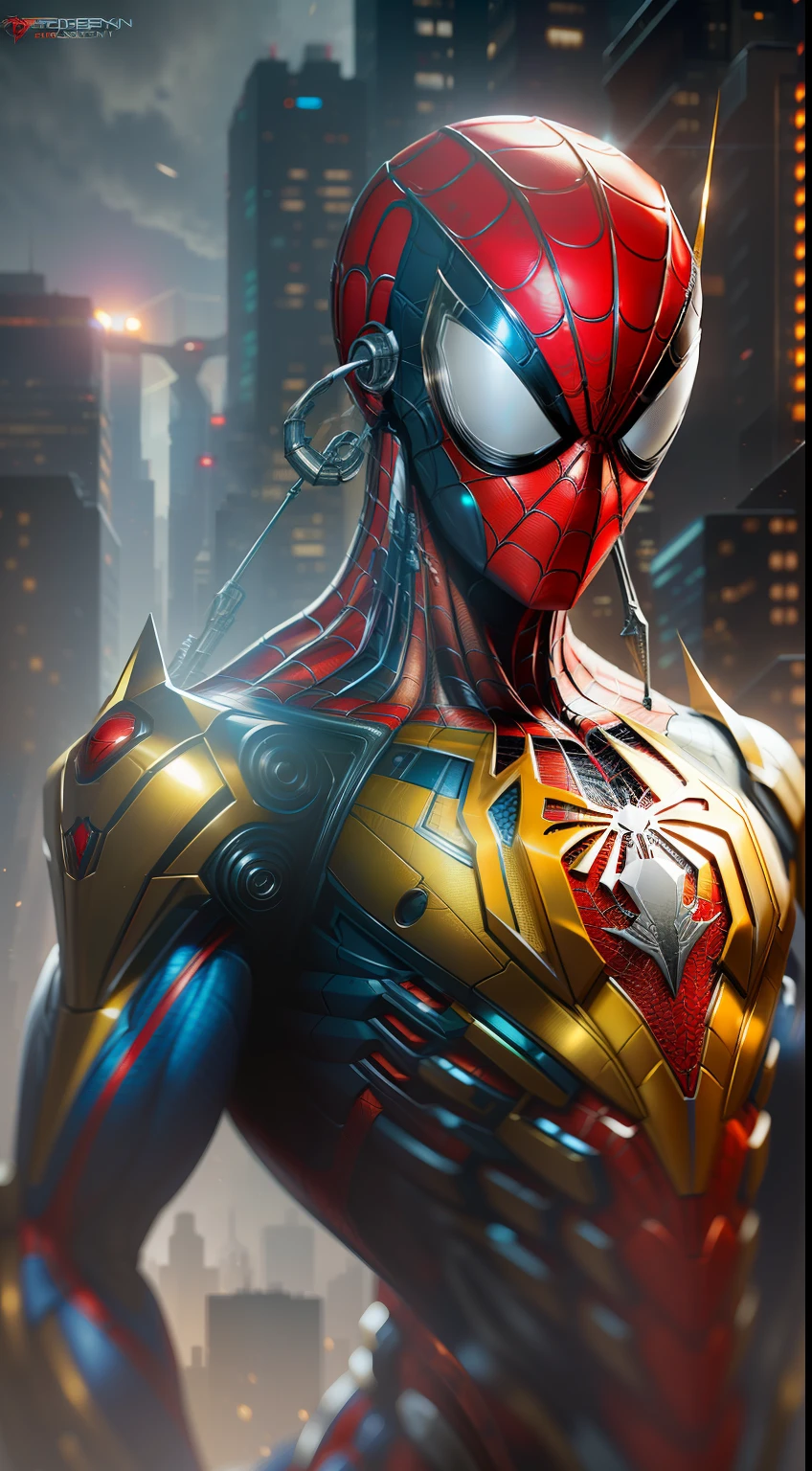 Spiderman from Marvel photography, biomechanics, complex robots, gold spiderman logo, full growth, hyper-realistic, crazy little details, incredibly clean lines, cyberpunk aesthetic, masterpiece featured on Zbrush Central