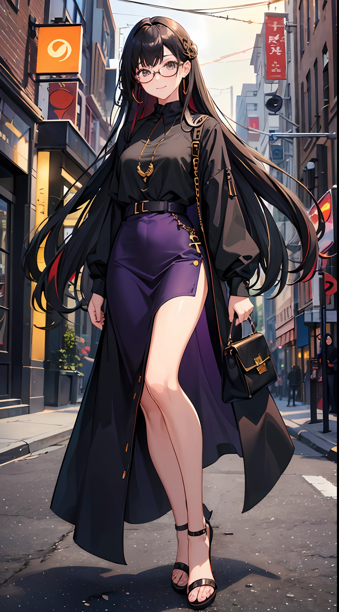 (masterpiece), best quality, expressive eyes, perfect face, 1girl, solo, bluntbangs hair, (illustration: 1.1), (best quality), (beautiful and clear background: 1.25), (extremely detailed CG unity 8k wallpaper: 1.1), (colorful: 0.9), (depth of field: 0.75),
(detailed eyes: 1.4), golden eyes, (multicolored hair: 1.2), black hair, bright eyes, multi line in hair, glasses, long hair
(purple shirtdress: 1.4),collar, earrings, sandals,
looking_at_viewer, smile, park, outdoor, night, detailed night lamp, close up,