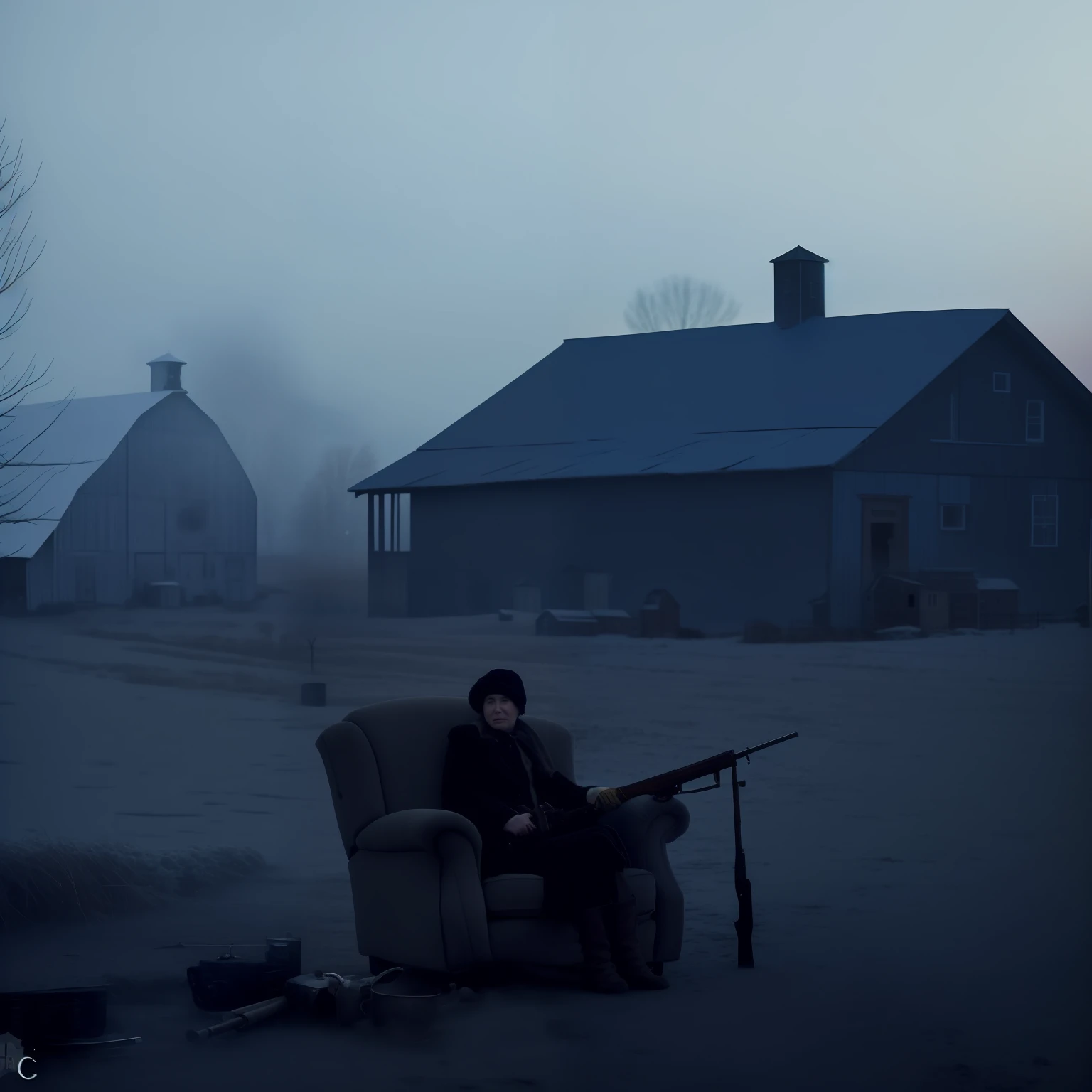 a lonely farm in a cold place, a lady sitting in her armchair and a gentleman holding a rifle, peaceful atmosphere, dusk, cold, anarchy atmosphere. photography.