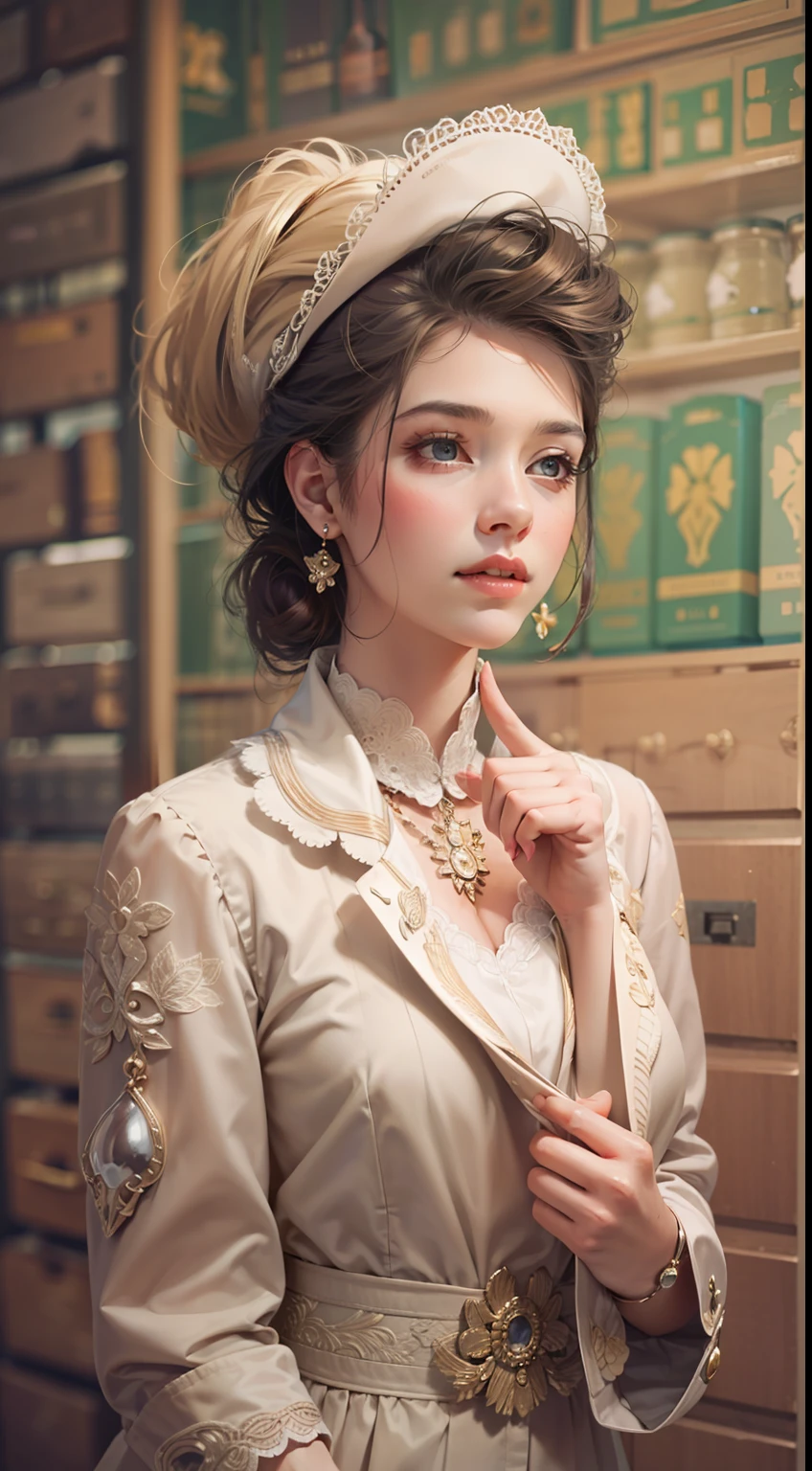 Beautiful woman in intricate Classic Vintage English Outfit