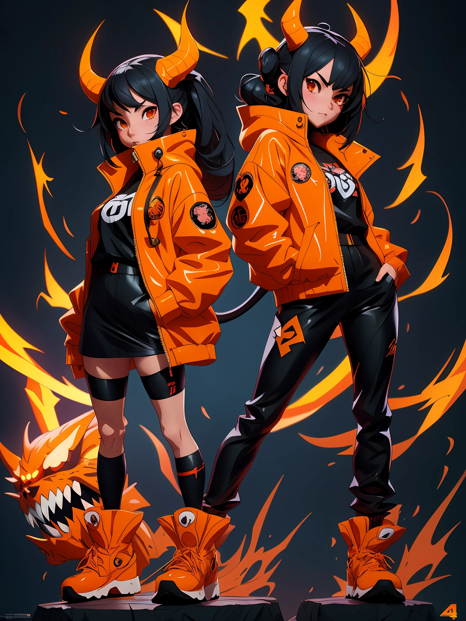 anime girl with black hair and orange jacket standing in front of a demon, anime style 4 k, badass anime 8 k, anime art wallpaper 8 k, anime art wallpaper 4 k, anime art wallpaper 4k, anime style. 8k, anime moe artstyle, detailed digital anime art, 4k anime wallpaper, anime wallpaper 4 k, anime wallpaper 4k