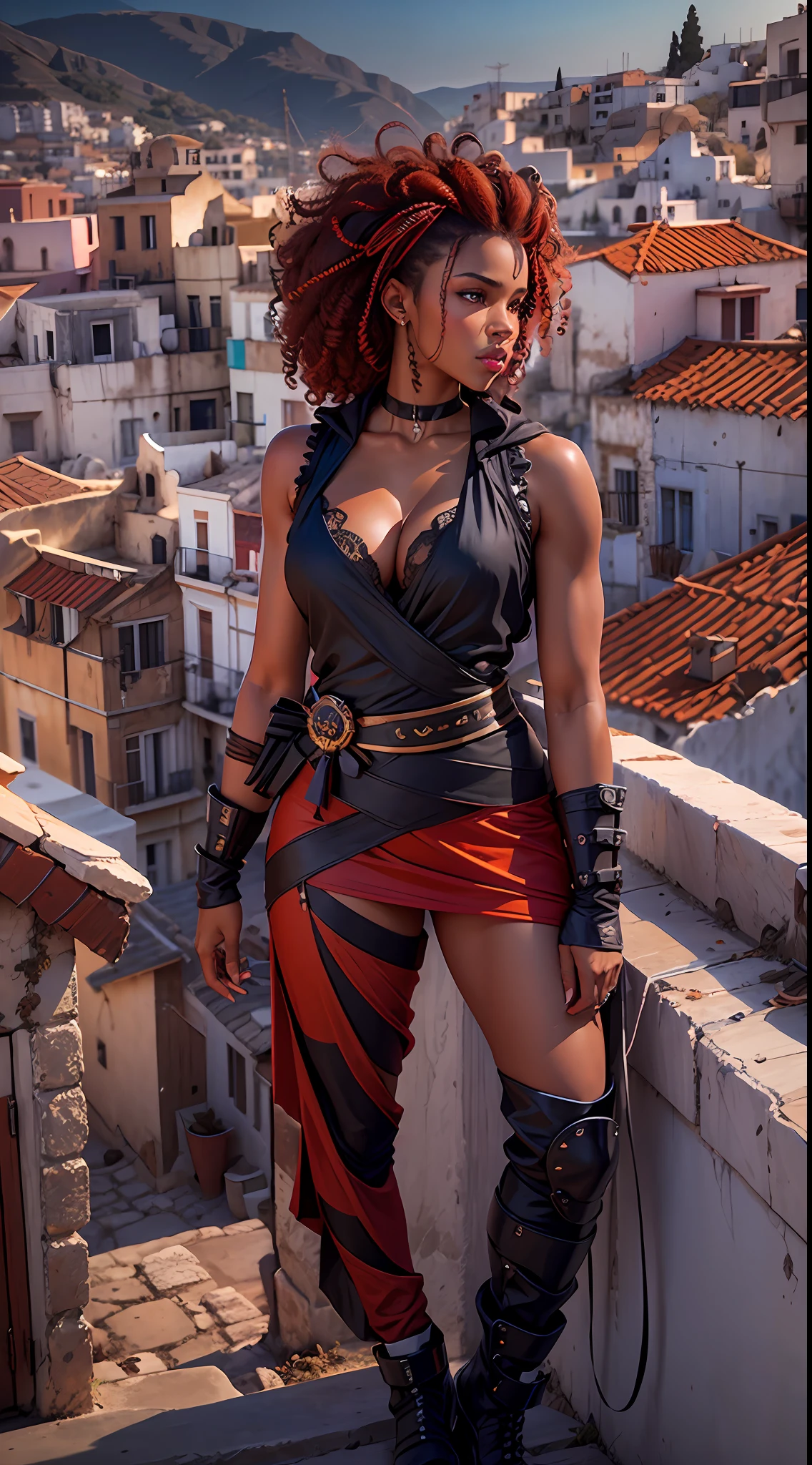Ultra realism, ultra resolution, HDR, Photo realism, Black woman 20 years old, dark skin, medium breasts, medium hips, full body, red curly hair, in ninja outfit, kitana (MK), in Greece, on rooftops, curly hair reds, 8k