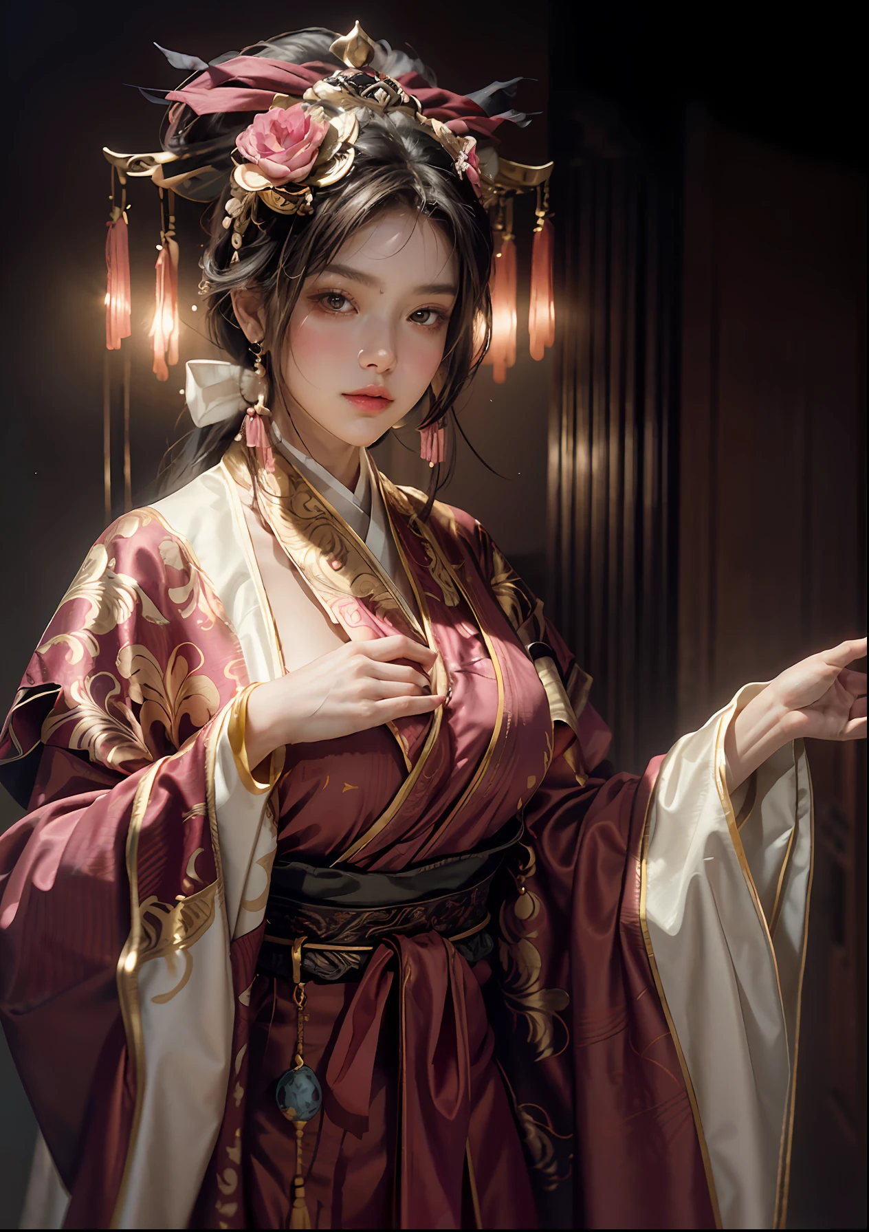 The art depicts a charming woman dressed in a flowing, silky traditional oriental dress, pink, decorated with intricate patterns and bright colors. Her dress drapes elegantly over her curvy figure, accentuating her seductive silhouette. She stood gracefully in the quiet moonlit night, bathed in the soft glow of the moonlight. The scene exudes an ethereal and dreamy atmosphere, with a touch of mystery and sexiness. The graphic style blends watercolor and digital illustration techniques to evoke a refined beauty and charm. The lights are filled with soft moonlight, casting soft highlights and shadows on her charming features. Bare thighs, big breasts