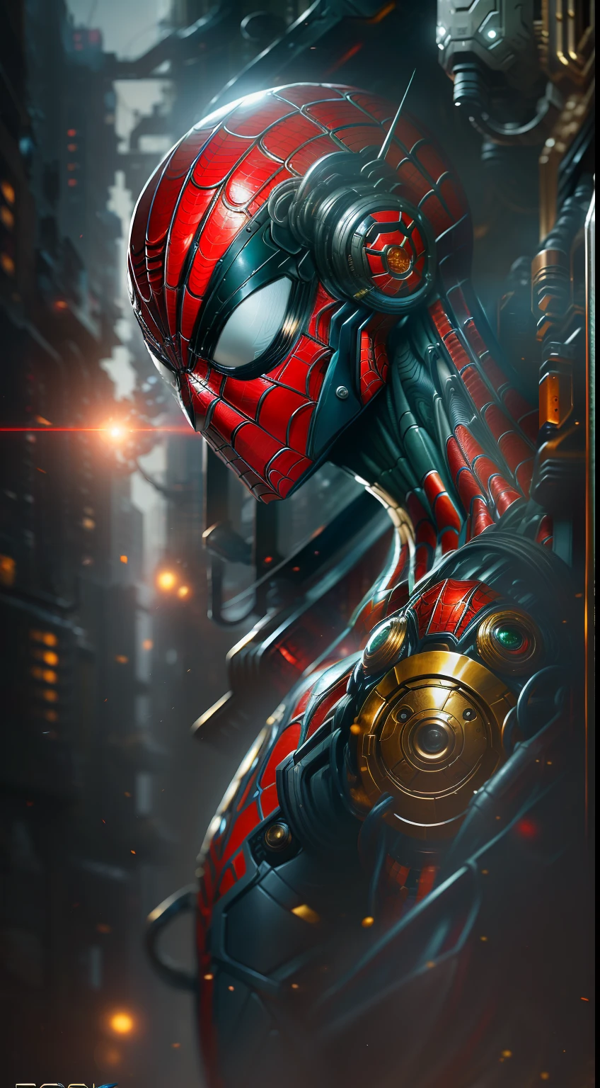 Spiderman from Marvel photography, biomechanics, complex robots, gold spiderman logo, full growth, hyper-realistic, crazy little details, incredibly clean lines, cyberpunk aesthetic, masterpiece featured on Zbrush Central