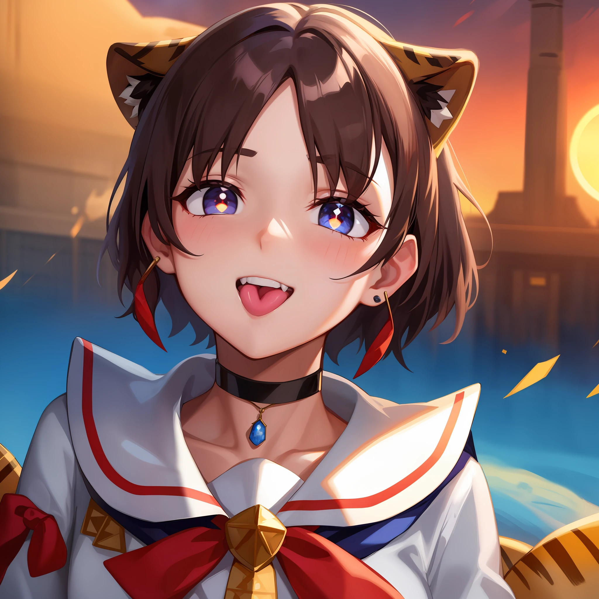 solo person,Watery eyes,Be red in the face,Light frown,ssmile,Toothy smile,Hair over the shoulder,brunette color hair,slanted bangs,hair straight,pendant,choker necklace,ear studs,Facing the viewer,8K分辨率,Works of masters,high detal,exquisite facial features,Beautiful pupils,colored eyelashes,ribbons,pleatedskirt,setting sun,超高分辨率,Best image quality,Higher quality,s the perfect face,Glowing skin,short detailed hair,stocklings,eventide,dingdall effect,Rainbow hair,Tiger Tooth,hair adornments,silber hair,bust,depth of fields,Kizi,Stick out your tongue,sailor shirt,a sailor suit