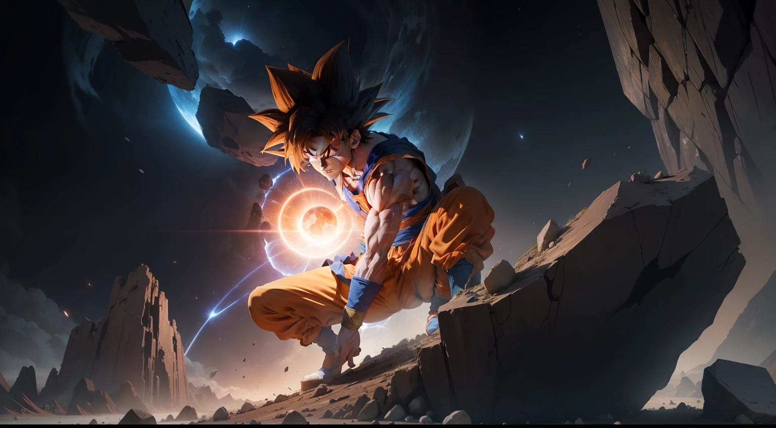 Goku male focus, earth \(planet\), planet, space, cracked ground and rocks rising up, rubble rising,