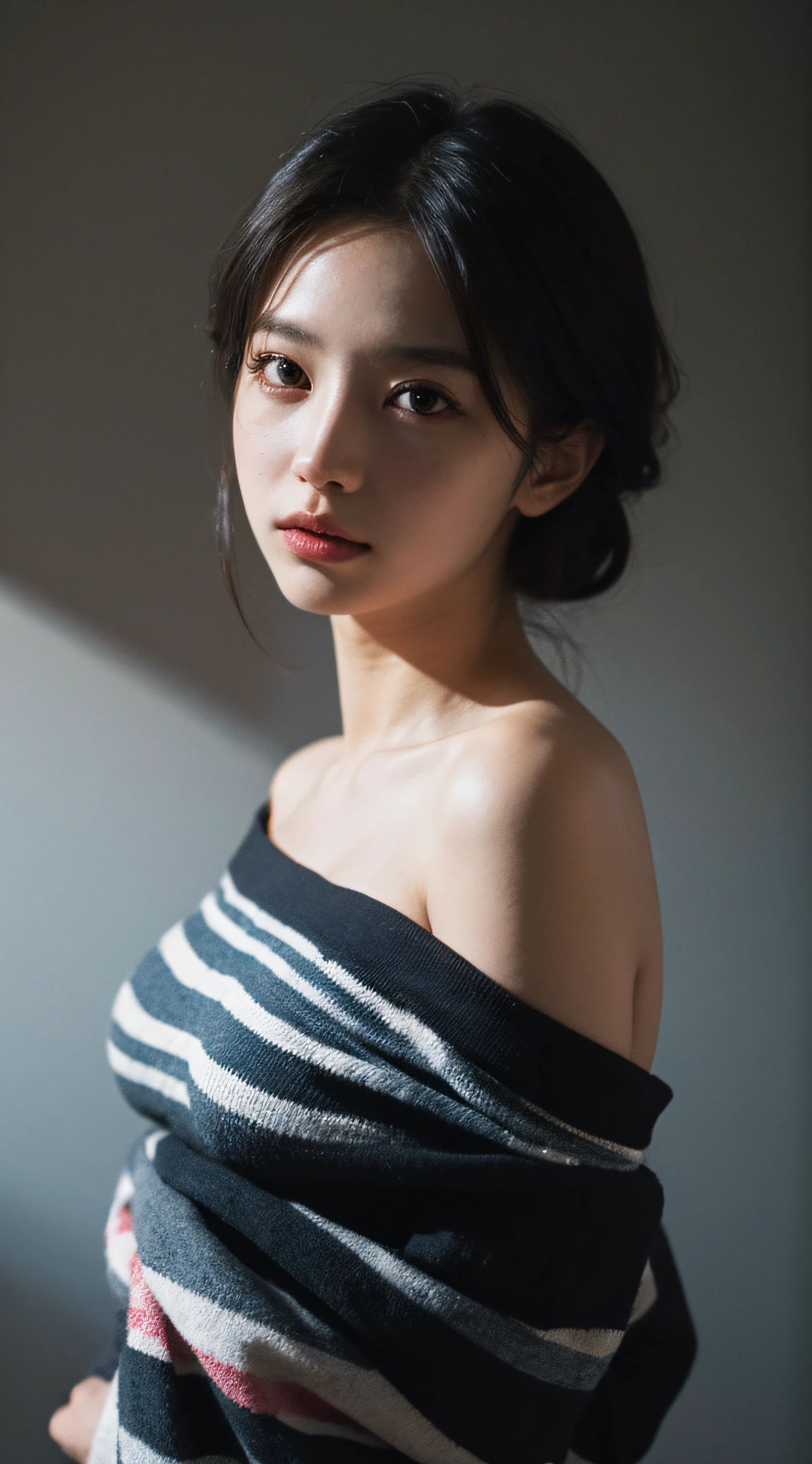 Best quality, masterpiece, ultra high res, (photorealistic:1.4), raw photo, 1girl, offshoulder, in the dark, deep shadow, low key, cold light
