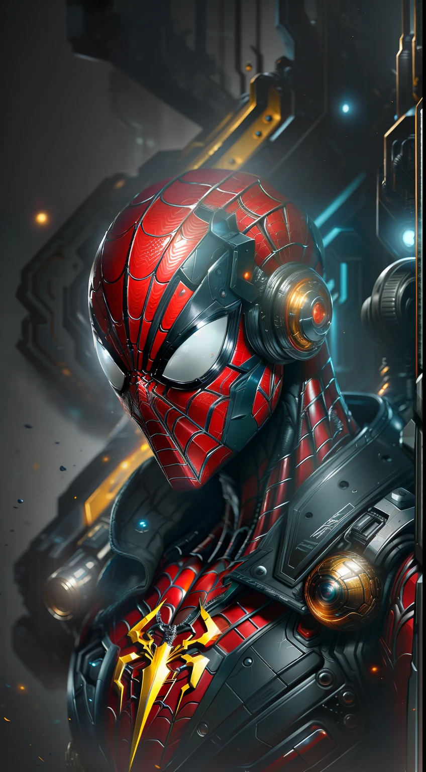 Spiderman from Marvel photography, biomechanics, complex robots, gold spiderman logo, full growth, hyper-realistic, crazy little details, incredibly clean lines, cyberpunk aesthetic, masterpiece featured on Zbrush Central