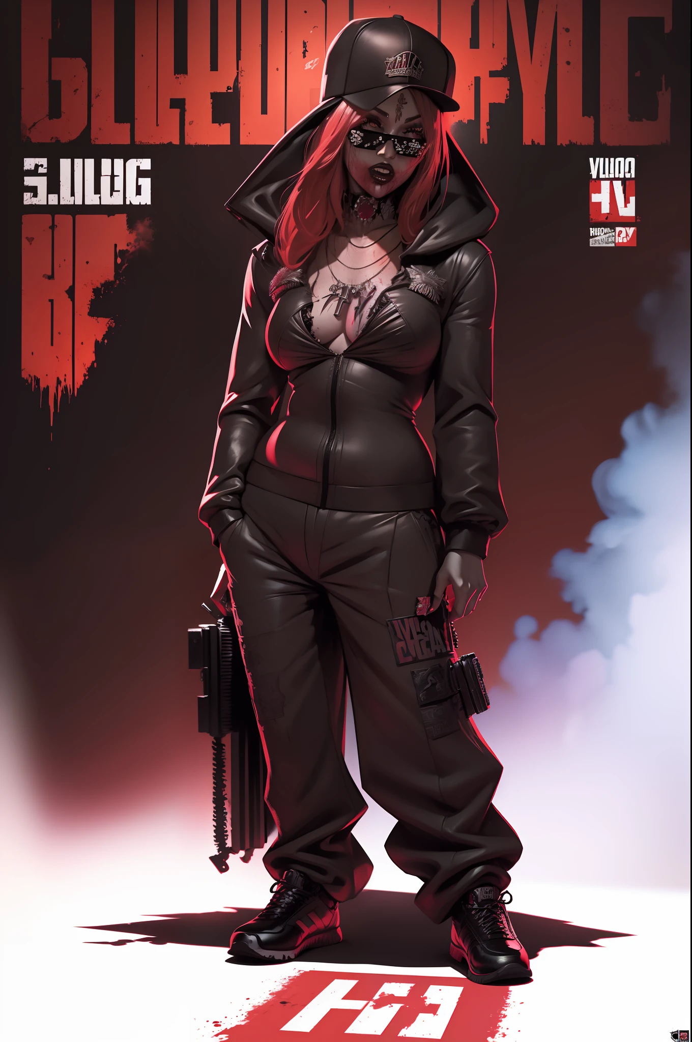 (hip hop promotion poster) "A solo hip hop gangtsa shot featuring
DanielaV4 her clothes are red liquid bloody showcasing her skill as a rapper.. badass on the mic spitting sick ass bars yo over explosive debris !" DealWithIt