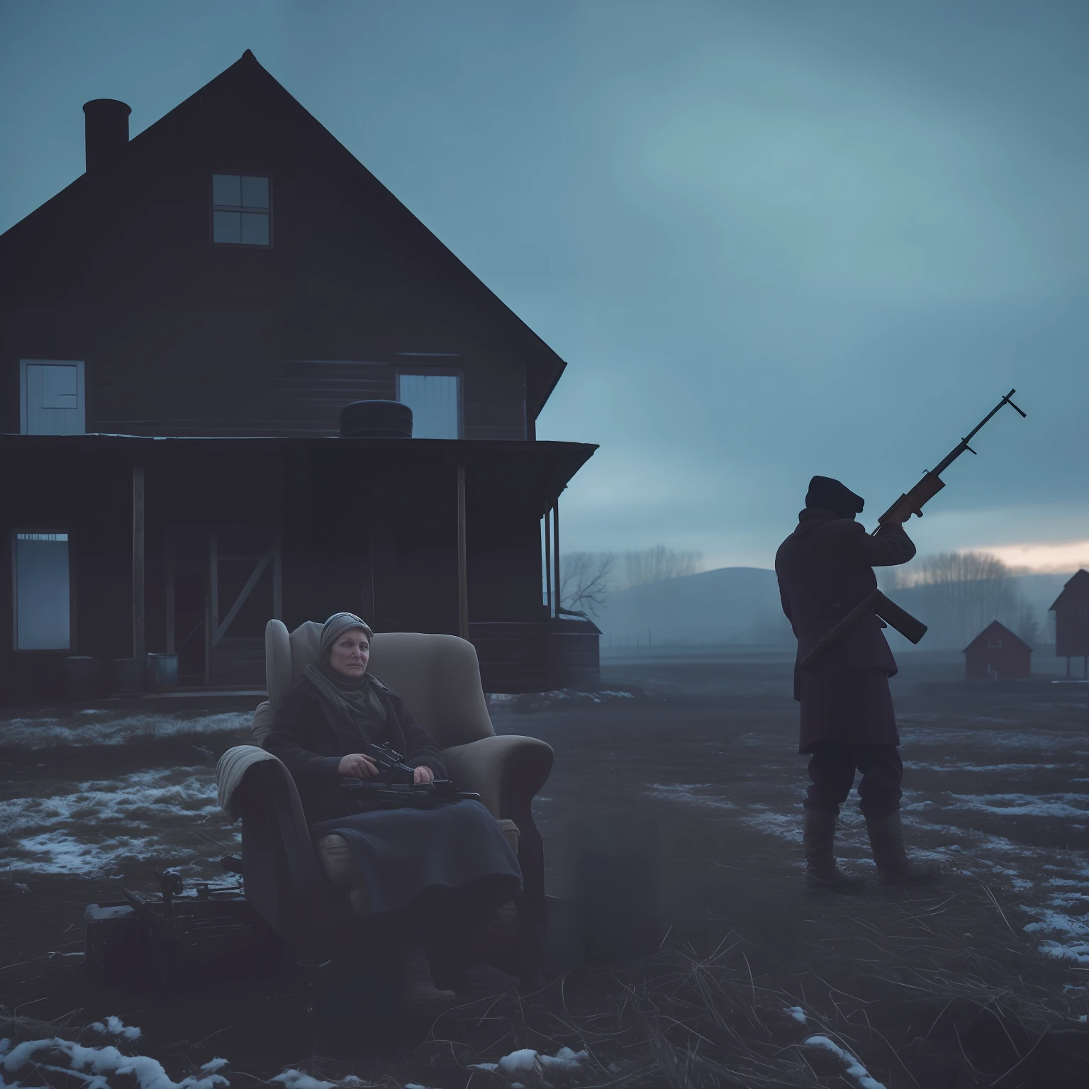 a lonely farm in a cold place, a lady sitting in her armchair and a gentleman holding a rifle, peaceful atmosphere, dusk, cold, anarchy atmosphere. photography.