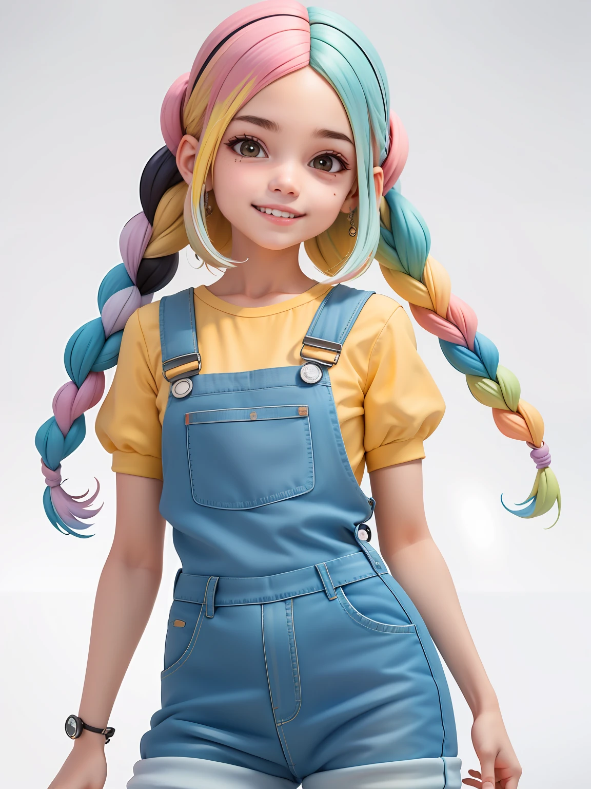 (obra-prima), (melhor qualidade), (ultra-detalhado), (corpo inteiro: 1.2) menina adolescente, light and detailed overalls, sorriso claro, corpo inteiro, :3, cabelo multicolor, curto, longo, dread's, modern, modern accessories, fundo tom pastel , colorido e simples.