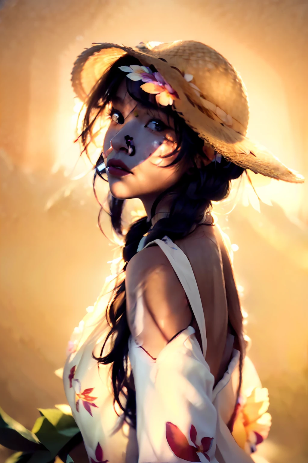 (extreme close up:1.5), (face focus:2),(Style of ???? ???:1.5),
((side face:2)),(1girl surrounded by soft_light:1.5), (backlighting:1.8), (lighting),(flowing fabric:1.3), ((Floral_summer_dress:1.5),(Straw_hat:1.3)),
(masterpiece), realistic, HDR, highly detailed, 8k, raw photo,
ambient occlusion, natural, harmonious composition, warm tones, fine art photography,