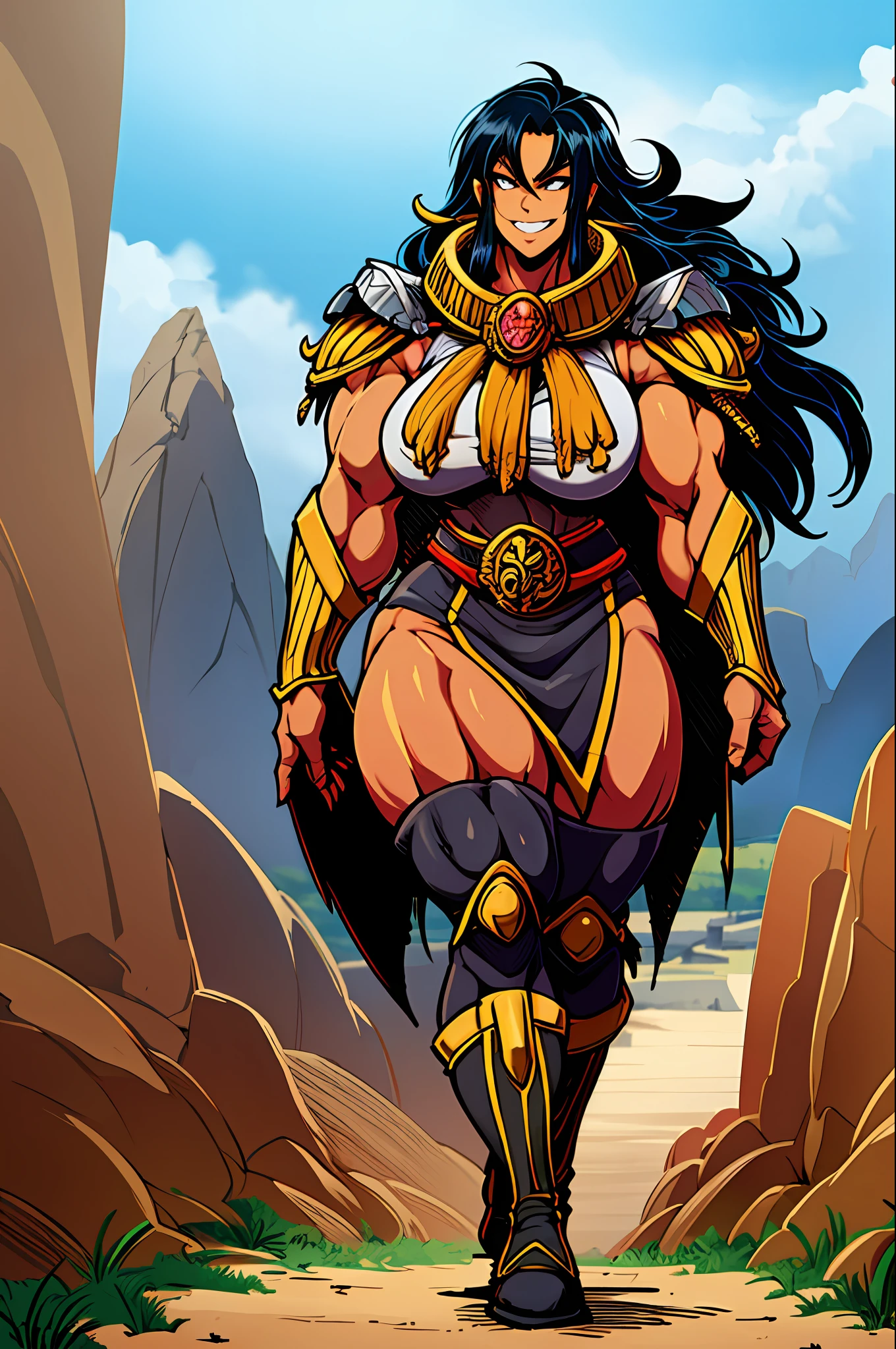 gogo, long hair, black hair, tallgirl,darkskinned-female,, musclegirl, fantasy,barbarian,berserker,huge breast,revealing cloths, full body, boots, holding lance, boots, , walking