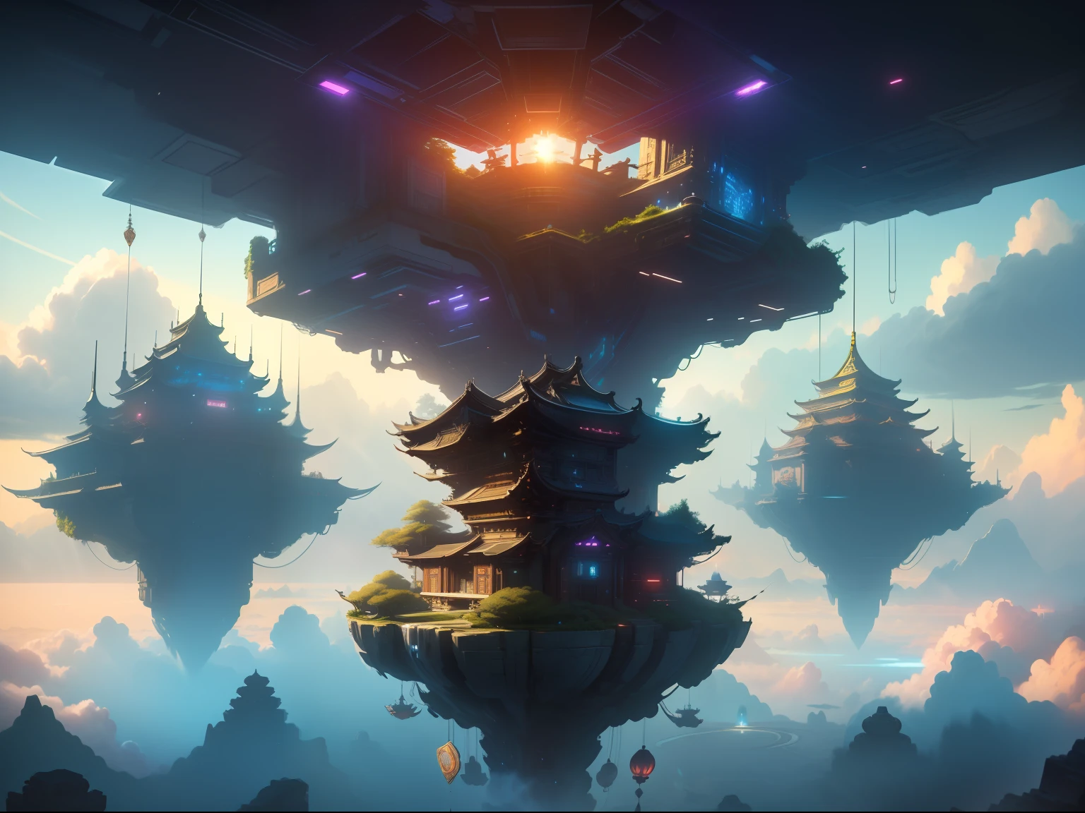 high high quality,Best quality at best,Realiy,Super realistic,super detailing,A high resolution,8K,Very realistic,Epic fantasy digital art style,sky cities,Several cities floating in the sky are connected by chain bridges,Endless Lagrange,Fantastic starry sky,Fantasy sci-fi city,The dystopian city of the future,Sci-fi alien flying machines shuttling through the sky, Dazzling、Electronic music style lighting,Create a neon feast for the city of the future。((tmasterpiece:1.2))(intricately details:1.2),(Extremely detailed floating city:1.3), ((A detailed mirage floating above the clouds),(Detailed hallucinations of Chinese mythology, The illusion of detail in the Forbidden City in China),(Highly transparent mirage),((Detailed view of the base of the Phantom Castle)),Ultra-detailed,extremely detailed and beautiful, Sky and white clouds and sunset glow background, (A city on a floating cloud, Floating petals, A garden in bloom in the sky, Many vines on the wall:1.2) imagination, Dream, offcial art, RAW photogr, Incredibly Ridiculous res, (super wide shot), Holy light,动态照明, cinmatic lighting, highest details, extremy detailed, Hyper-detailing, finedetail,