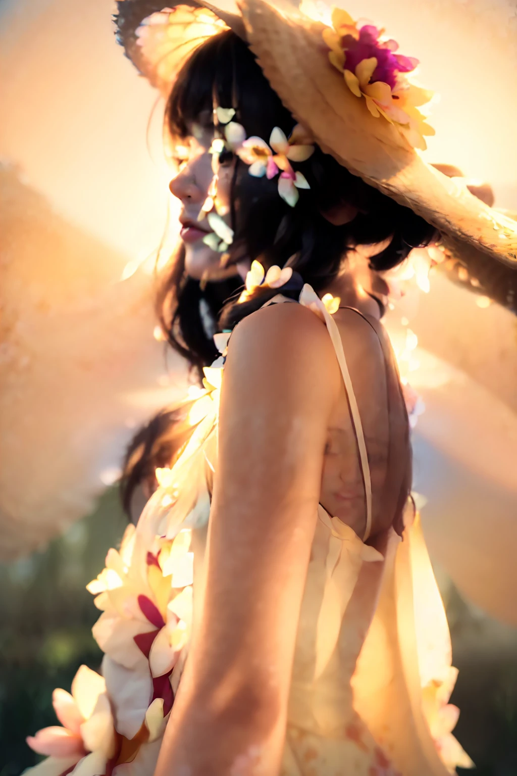 (extreme close up:1.5), (face focus:2),(Style of ???? ???:1.5),
((side face:2)),(1girl surrounded by soft_light:1.5), (backlighting:1.8), (lighting),(flowing fabric:1.3), ((Floral_summer_dress:1.5),(Straw_hat:1.3)),
(masterpiece), realistic, HDR, highly detailed, 8k, raw photo,
ambient occlusion, natural, harmonious composition, warm tones, fine art photography,