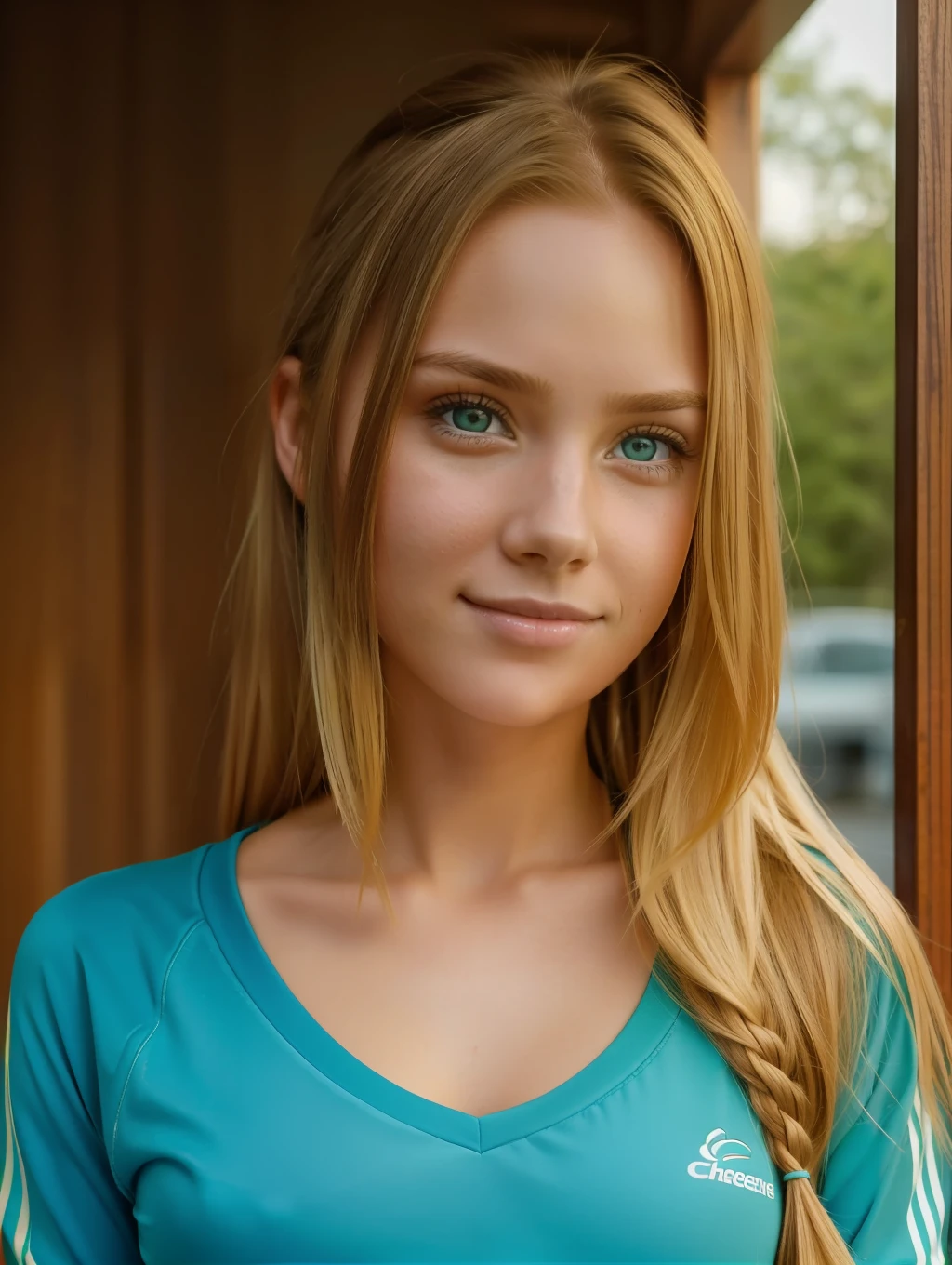 A photo of a beautiful girl with (Long / short) (Blonde / brunette / Redhead) hair and (Blue / Green / brown) Eyes. She is wearing a (Casual / formal / Sporty) garments，And there is one (cheerfulness / Sad / Serious) expression on her face