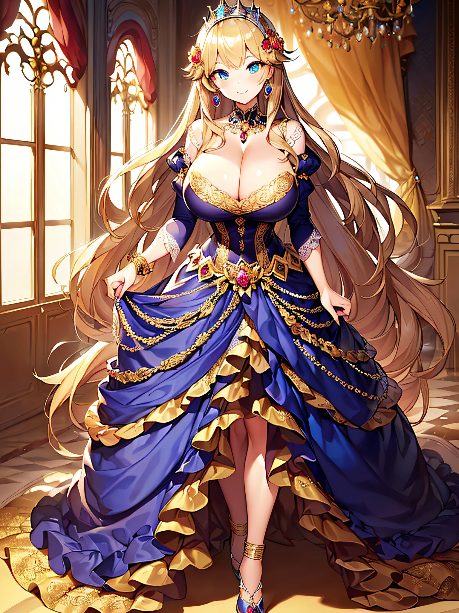 ((anime artstyle)),(Masterpiece),(Best Quality), (Super Detail),((Very Delicate and Beautiful)),((Solo)),((full body)),(((1 bling-bling princess in gorgeous rococo dress))),((bling-bling)),Long train,(bling-bling gorgeous gemstone jewelry),detailed face and eyes,jewel-like eyes,(seductive smile),((extremely voluminous Very Long Hair,Straight Hair)),gigantic tits,Long tits,cleavage,(gorgeousfull embroidery and lace),gorgeous corsage,See-through,extremely gorgeousfull hair ornament,bling-bling extremely gorgeousfull jeweled tiara,ornate ruffles,(hoop skirt,crinoline),Dynamic Angle,Looking at viewer,((beautiful embroidery and jeweled extremely gorgeous rococo dress)),