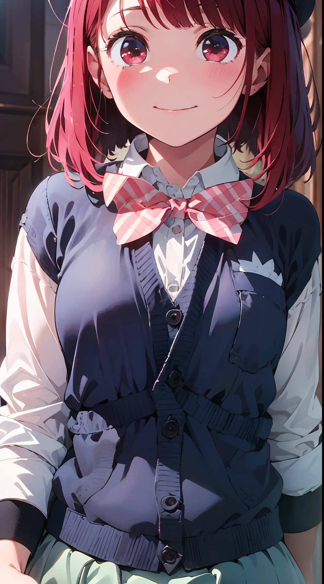 Masterpiece to the smallest detail、top-quality、1girl in、Solo looks 12 years old、150cm petite beautiful girl、small tits、12-year-old baby face、red hairs、Gradient bob in the forward、Pink and violet mesh、red eyes、Red eyes、Tall, big eyes、Outstanding looks、A lovely child、proximity、closed_mouth、a smile、red blush、full of shyness、blue headwear、Hats、pink bowtie、校服、 Blue jacket、jaket、skirt by the、Gray skirt shirt、white shirt、an legs、Black socks、sitting on、Classroom、hair_ornament、looking_at_viewer、beatiful detailed eyes、Akame、panties on、lift up one's skirt、Professional effects、