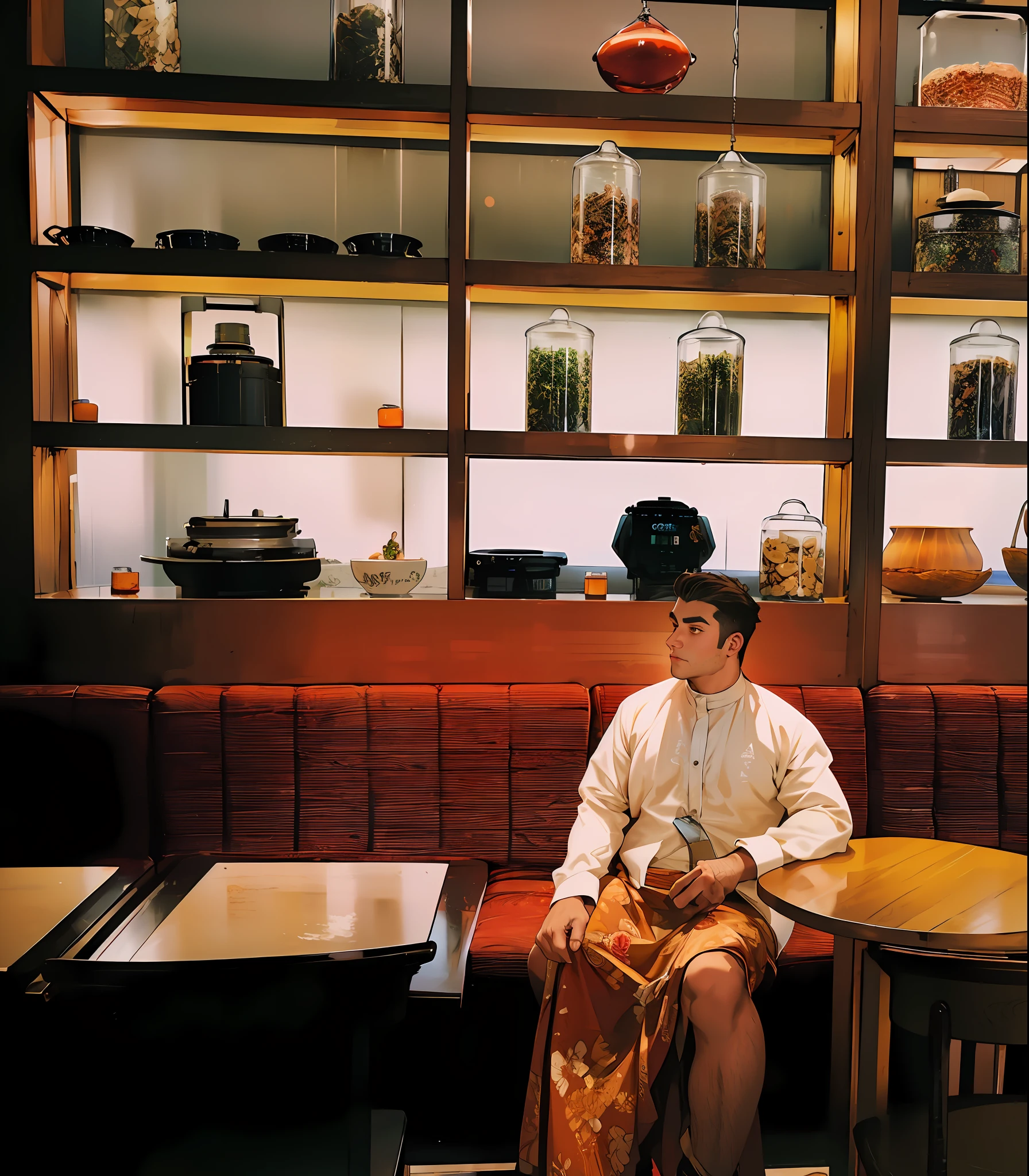 "A stocky, handsome man sitting at a table in a restaurant, putting his left hand on table and his right hand beside his thigh, captured with a professional DSLR Canon camera. He is alone in the cafe, creating an aesthetic shot. The camera focuses on a mid shot portrait of the man, illustration art, digital art, fined quality, detailed"