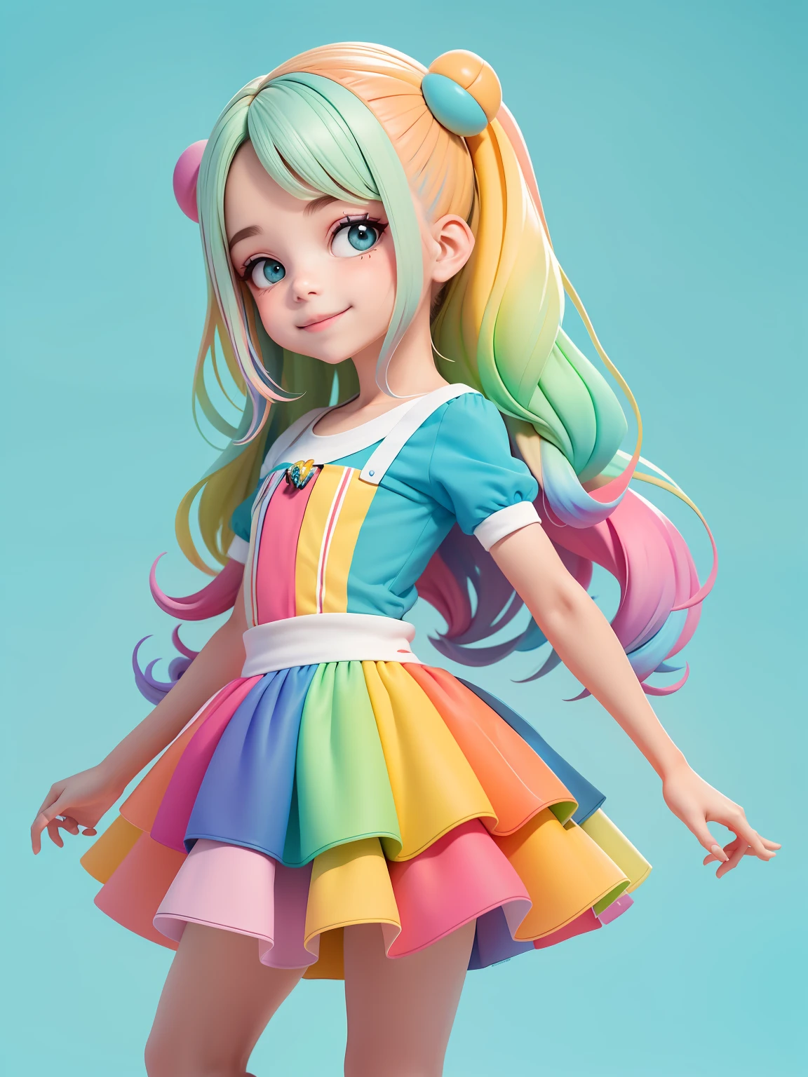 (obra-prima), (melhor qualidade), (ultra-detalhado), (corpo inteiro: 1.2) adolescente, leve e detalhado, sorriso claro, corpo inteiro, :3, cabelo multicolor, curto, longo, pavor, moderno, Modern accessories, fundo tom pastel , colorido e simples.