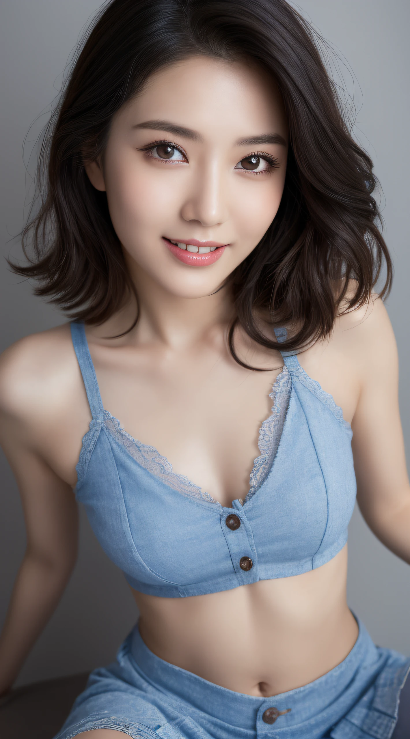 high detal,8K分辨率,超高分辨率,Best image quality,a beauty girl,lipsticks,Love pupils,Peerless beauty,Messy black straight hair,shoulder-length short hair,(Coiled hair)Smooth hair,Intense and beautiful makeup,Exquisite and perfect facial features,the most beautiful big eyes,Be red in the face,Sweet smile,(Wearing a blue lace shirt with buttons,tiese ,Plaid pleated skirt)Open navel,Thin waist,(Full breasts)Get close to the viewer,dynamic angle,Extreme picture quality,Highest accuracy, CG unity (extreme) detail 8k wallpaper, masterpiece, best quality:1.2), 8k, a stunning landscape, surreal, realistic, 1 young girl, beautiful, sexy, body stunning figure, perfect body beauty, full body, stylish, camera angle, long hair, slim waist, very detailed facial and skin structure, glittery eyes, soulful eyes, pretty eyes, Double eyelids, Fair skin, harmonious facial details, fair skin, charming smile