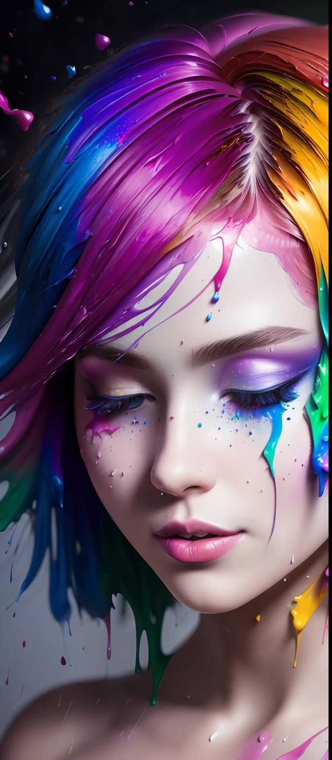 (level difference:1.8),(Paint colliding and splashing on the canvas),(depth of field),1girl's side face blends into it,(side face),open mouth,(liquid paint rainbow hair:1.1) made of paint and defies gravity,thick flowing,(paint splatter:1.3),Liquid state,stunningly beautiful, masterpiece, detailed background,ultra high quality model, ethereal background,abstract beauty, explosive volumetric, oil painting,heavy strokes,Romantic lighting,Sub-Surface Scatterring,lens 135mm,f1.8,glow,8k,high resolution, dreamy,ray tracing,hdr,god rays,