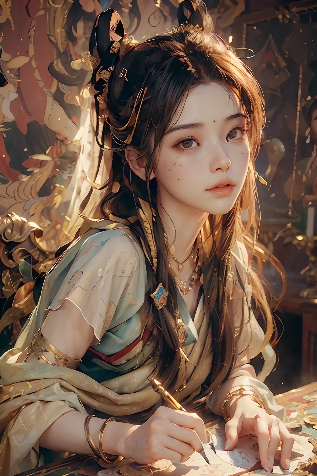 (RAW photo, best quality), (realistic, photo-realistic:1.3),best quality,highly detailed,masterpiece,ultra-detailed,illustration,1girl,upper_body,dynamic angle,world masterpiece theater,messy_long_hair,best quality,extremely detailed CG unity 8k wallpaper,ink,Amazing,cinematic lighting,lens_flare, dunhuang_style