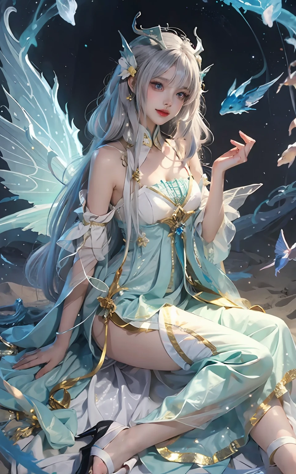 Close-up of women in costumes on stage, full body fairy, beautiful celestial mage, stunning young ethereal characters, beautiful fantasy queen, astral witch costume, sand stream, flowing magic robe, white Hanfu, fairy fantasy, beauty Delfin, ethereal fantasy, elegant and charming cosplay, Hirase Jinyao, sitting on the ground, charming and colorful, very coquettish