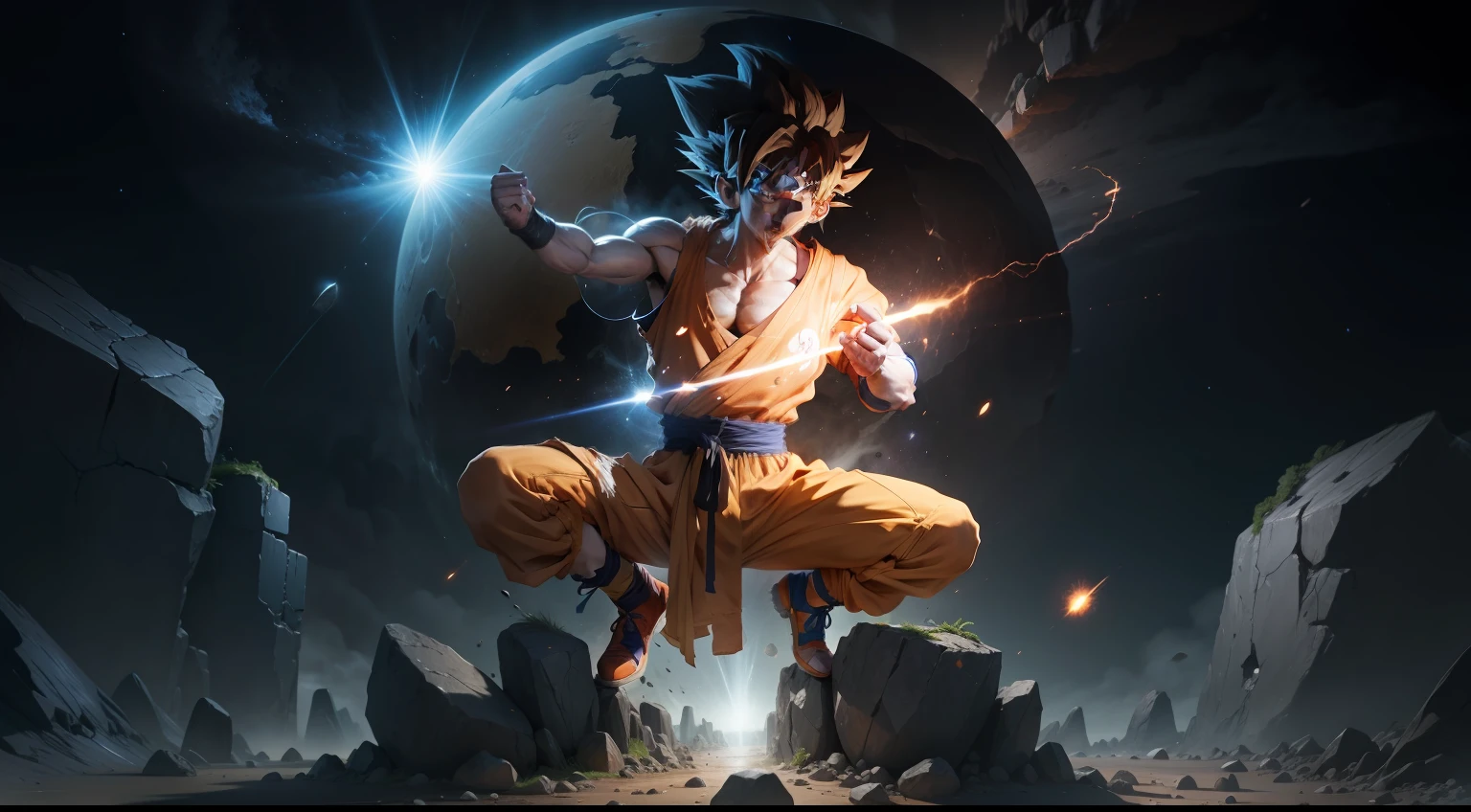 Goku male focus, earth \(planet\), planet, space, cracked ground and rocks rising up, rubble rising,