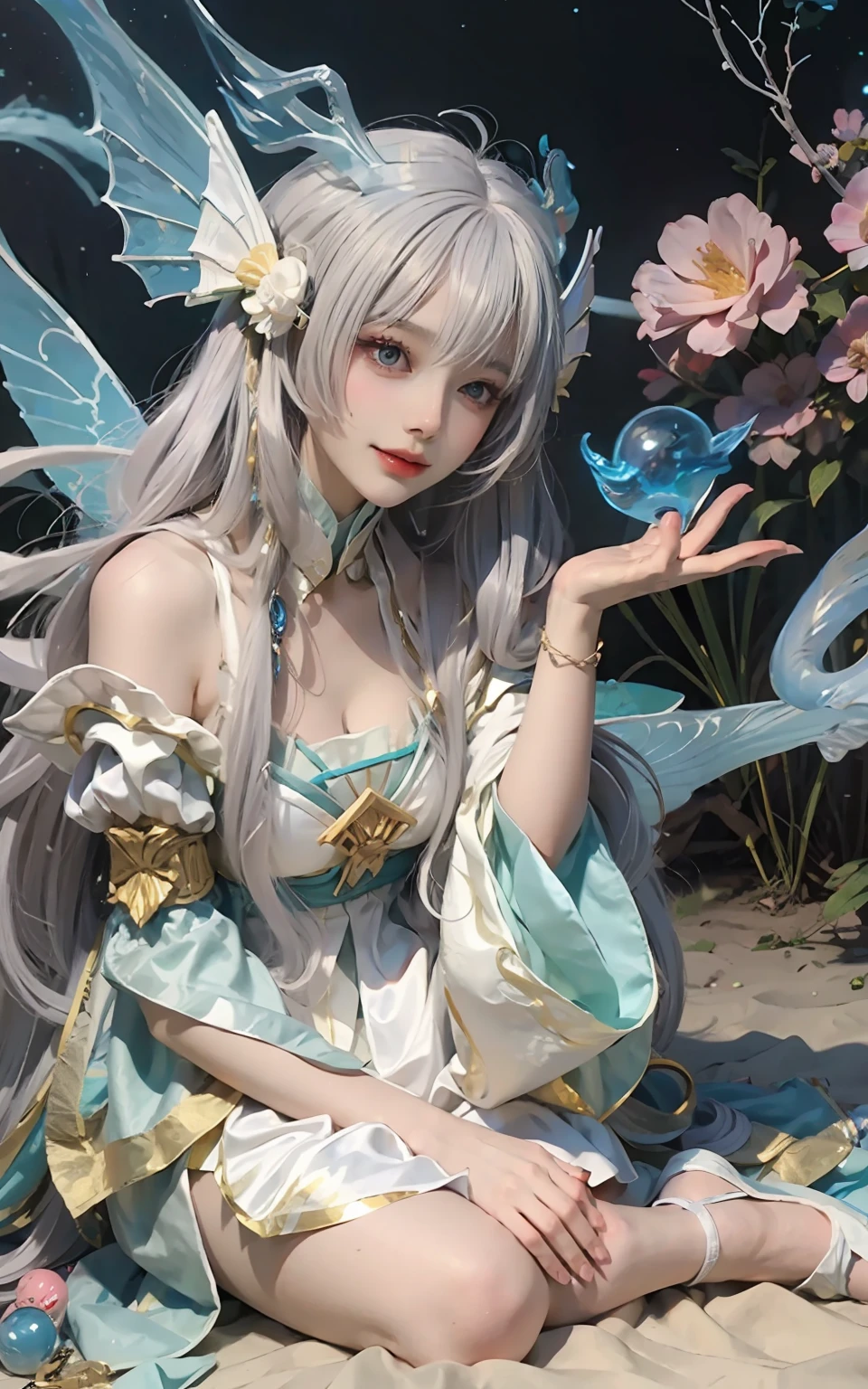 Close-up of women in costumes on stage, full body fairy, beautiful celestial mage, stunning young ethereal characters, beautiful fantasy queen, astral witch costume, sand stream, flowing magic robe, white Hanfu, fairy fantasy, beauty Delfin, ethereal fantasy, elegant and charming cosplay, Hirase Jinyao, sitting on the ground, charming and colorful, very coquettish