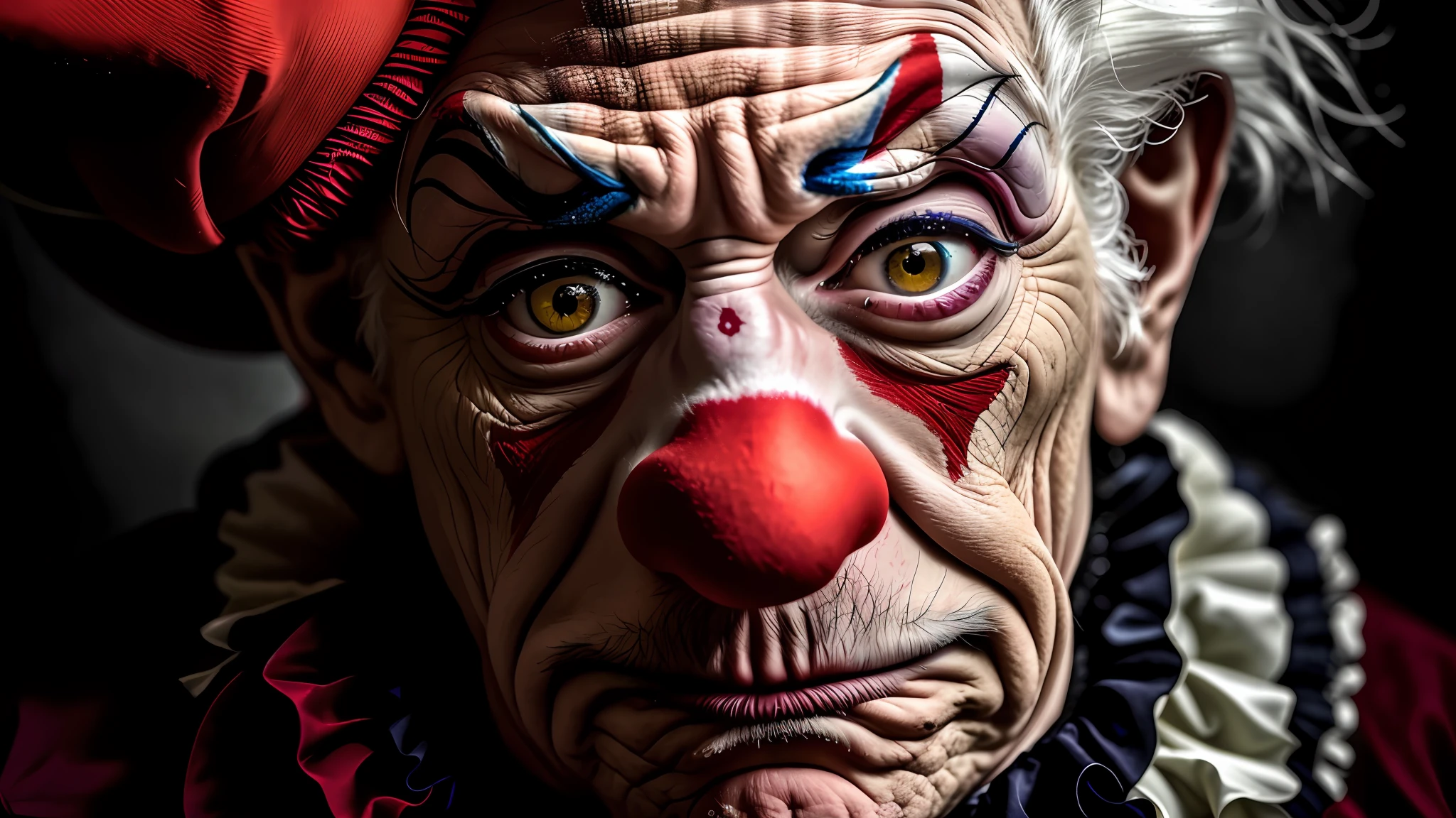 Clown with red nose and white hair wearing black hat, clown face, clown, the clown is far from the camera, scary clown, retrato de closeup extremo, Close Up foto retrato, color photograph portrait 4k, Retrato de um Coringa, wearing accurate clown makeup, close - foto retrato acima, Retrato do artista circense, retrato ultra detalhado, communist clown portrait. fotografia 8k, cinematic.