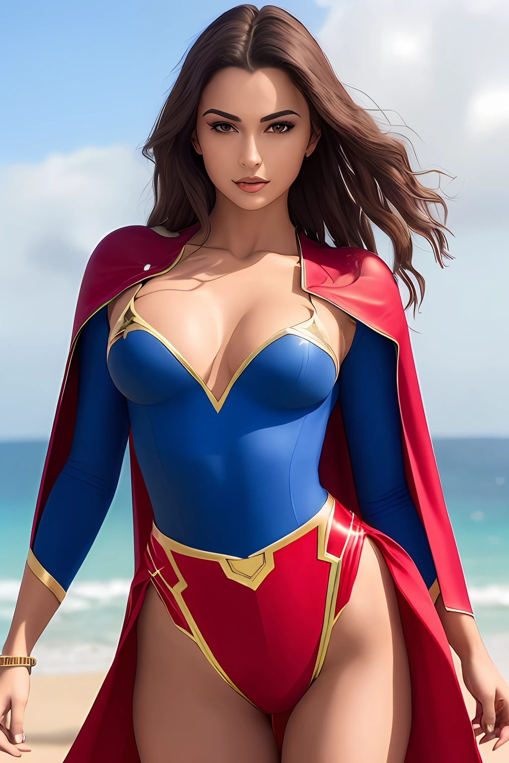 ((Melhor qualidade, 8k, Masterpiece :1.3)), A brunette woman is dressed in the iconic Superman costume, com o logotipo "S" red on her chest and floating cape behind her. She's in a confident, sexy pose, with your hands on your hips, exibindo seu corpo inteiro esculpido e curvas elegantes. His gaze is powerful and seductive, Transmitting strength and determination. She is a true vision of power and beauty combined, pronta para proteger o mundo com seu charme e bravura.