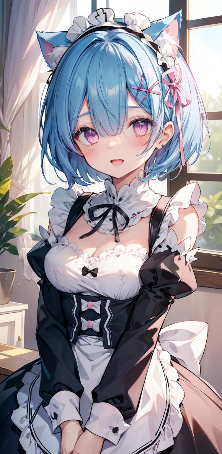 rem \(re:zero\), 1girl, solo, breasts, looking at viewer, blush, smile, short hair, open mouth, bangs, medium breasts, hair ornament, dress, ribbon, animal ears, nipples, blue hair, hair ribbon, :d, heart, frills, detached sleeves, teeth, cat ears, pink eyes, hair over one eye, apron, black dress, maid, symbol-shaped pupils, maid headdress, black ribbon, heart-shaped pupils, frilled dress, breasts out, x hair ornament, waist apron, white apron, pink ribbon, roswaal mansion maid uniform, indoors