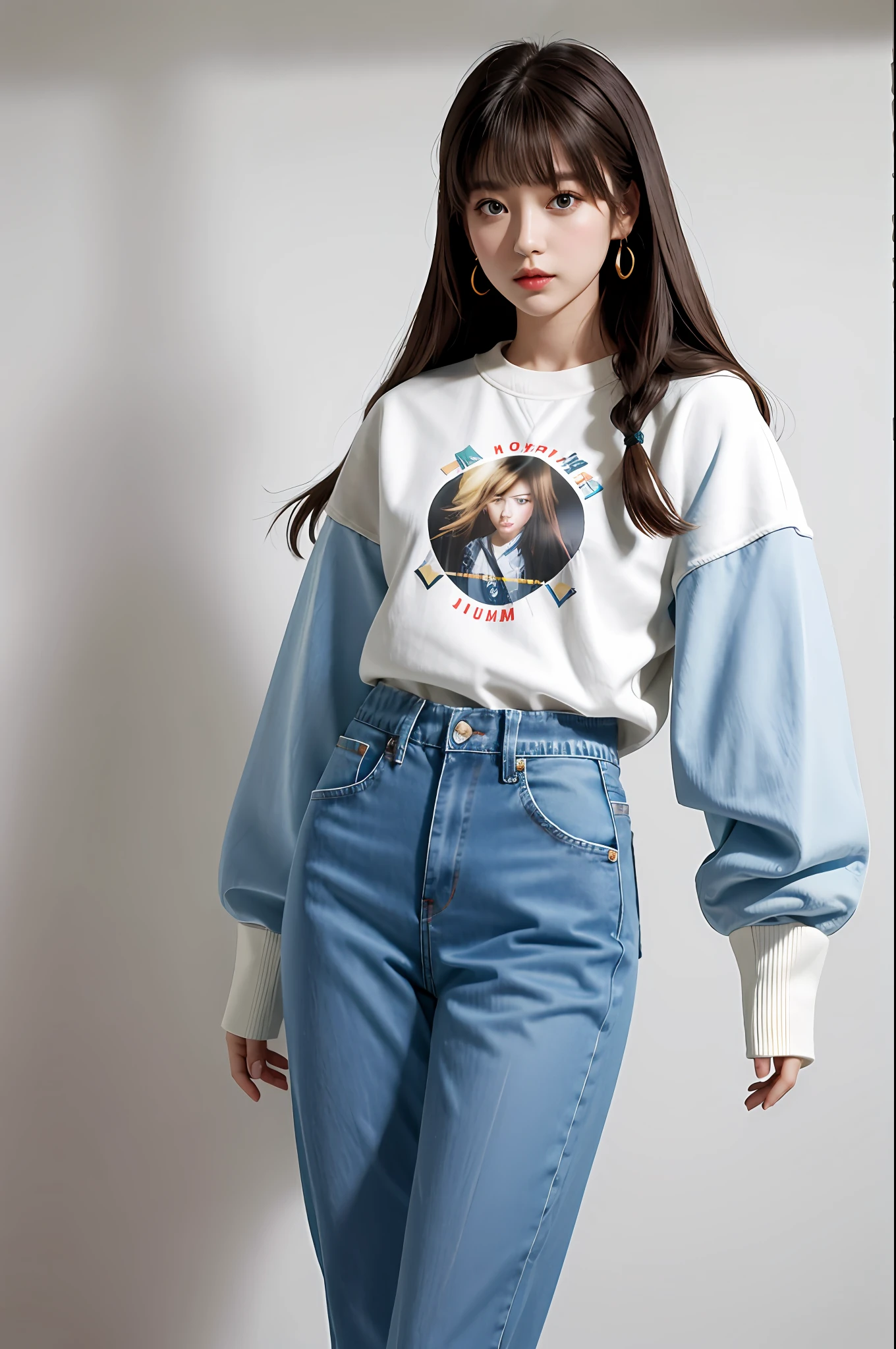 (tmasterpiece:1.4),(best qualtiy:1.4), ,Plain white background,Plain white background,Plain white background,, Extremely delicate and beautiful eyes and face, 1girll, are standing, Clothing model, shot, brunette color hair, Look at the audience, 独奏, White sneakers, red color eyes, long whitr hair, White bear sweatshirt, Light blue denim hot pants, bluntbangs, cg, Unified 8K resolution