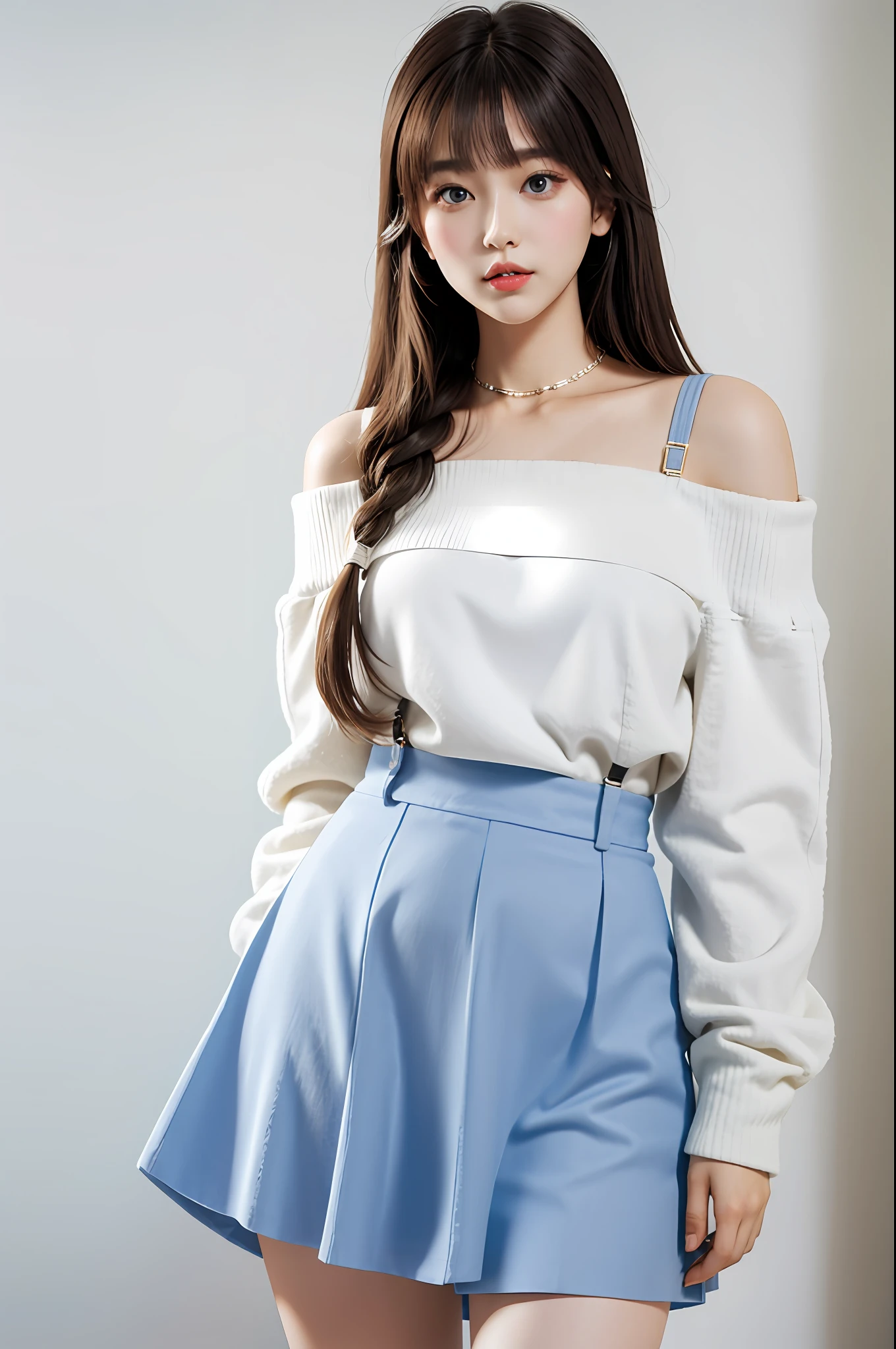 (tmasterpiece:1.4),(best qualtiy:1.4), ，Plain white background，Plain white background，Plain white background，, Extremely delicate and beautiful eyes and face, 1girll, are standing, Clothing model, Shot, brunette color hair, Look at the audience, 独奏, White sneakers, red color eyes, long whitr hair, White bear sweatshirt，Off-the-shoulder white suspenders, Light blue lace skirt, bluntbangs, CG, Unified 8K resolution