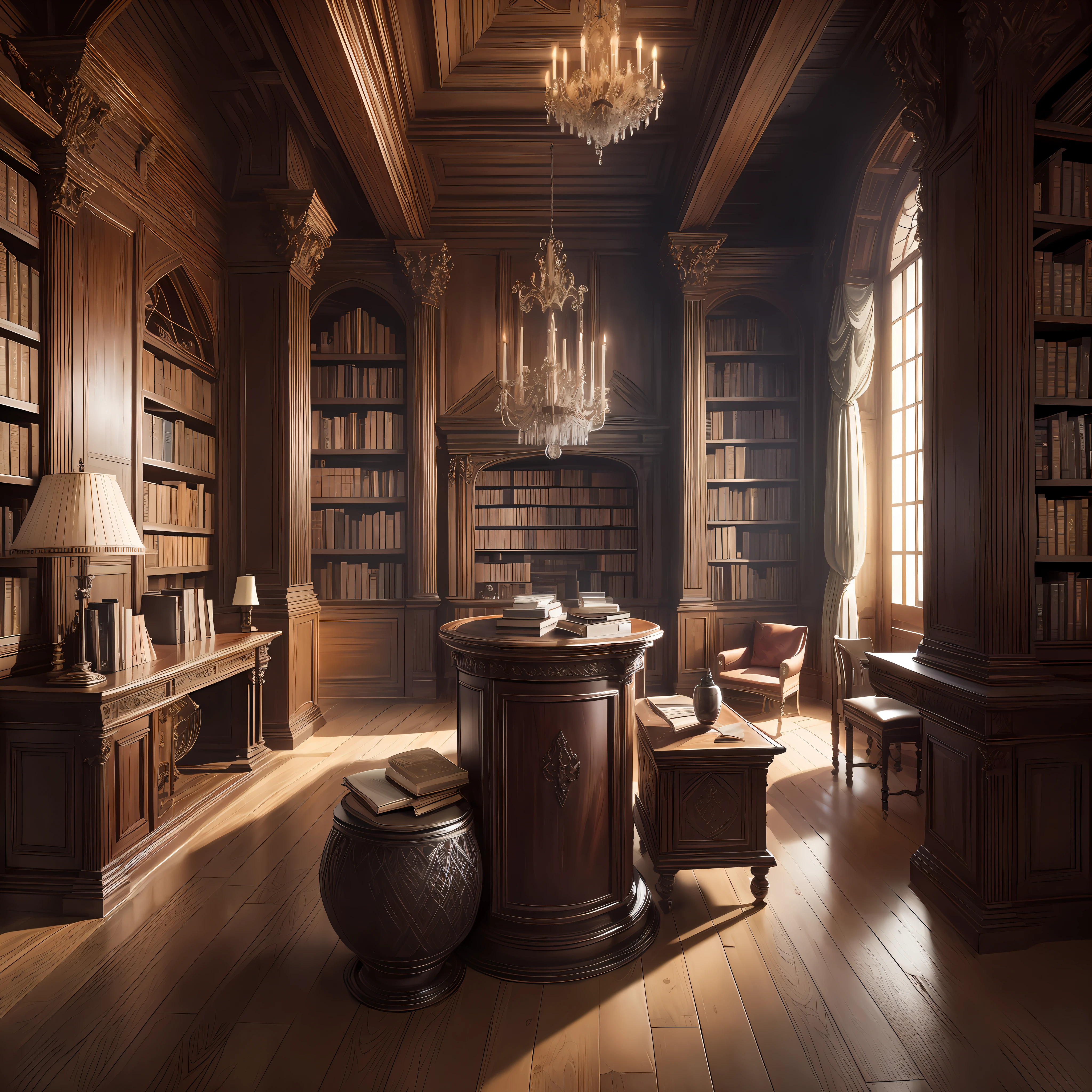 Step into a medieval-inspired yet sophisticated library, with towering floor-to-ceiling bookshelves crafted from mahogany, showcasing a vast collection of meticulously arranged books, the scent of old leather and worn pages permeating the air, a large glass and metal desk with a clean design, illuminated by the soft glow of an antique desk lamp, an ergonomic chair in wood and leather, positioned to offer a captivating view of the ocean and beach, a lively landscape through the window, a perfect blend of aesthetics and tranquility, Painting, oil on canvas with meticulous brushwork to capture the rich colors and textures of the space