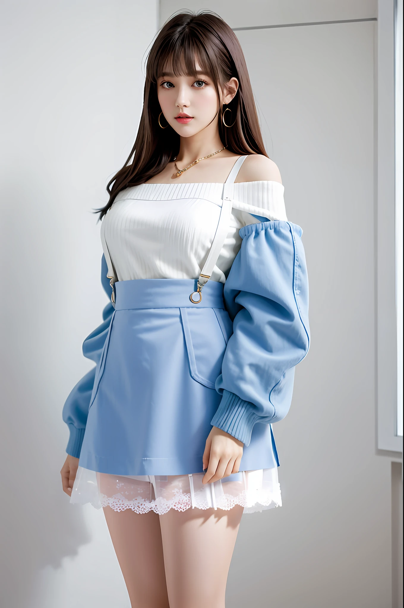 (tmasterpiece:1.4),(best qualtiy:1.4), ，Plain white background，Plain white background，Plain white background，, Extremely delicate and beautiful eyes and face, 1girll, are standing, Clothing model, Shot, brunette color hair, Look at the audience, 独奏, White sneakers, red color eyes, long whitr hair, White bear sweatshirt，Off-the-shoulder white suspenders, Light blue lace skirt, bluntbangs, CG, Unified 8K resolution