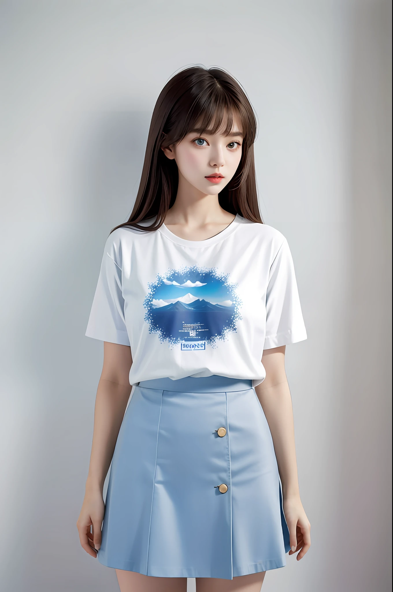 (tmasterpiece:1.4),(best qualtiy:1.4), ,Plain white background,Plain white background,Plain white background,, Extremely delicate and beautiful eyes and face, 1girll, are standing, Clothing model, shot, brunette color hair, Look at the audience, 独奏, White sneakers, red color eyes, long whitr hair, white short sleeve, Light blue strap skirt, bluntbangs, cg, Unified 8K resolution