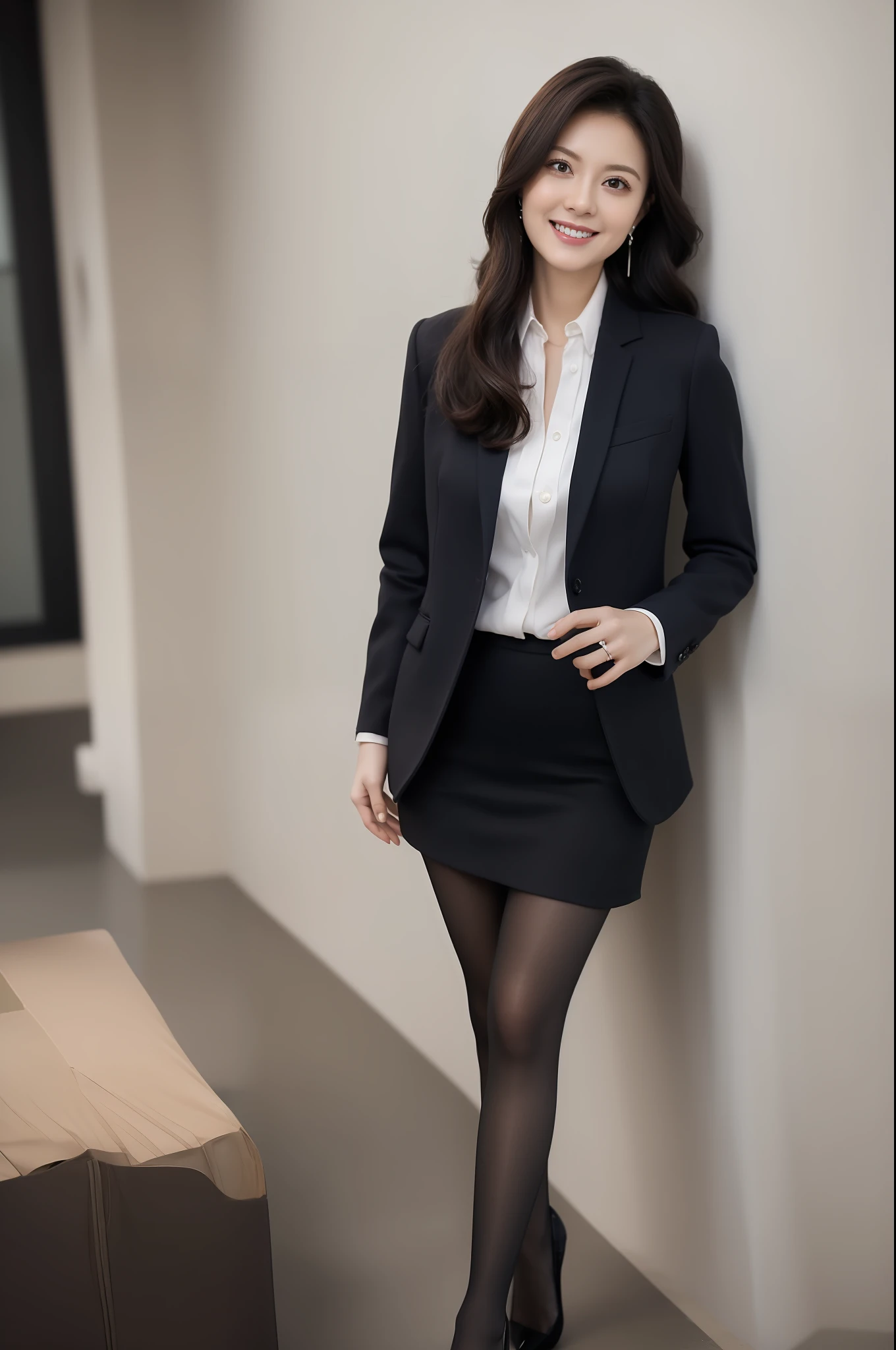 (8K, Best quality, Masterpiece:1.2), (Realistic, photo-realistic:1.37), Ultra-detailed, 1 girl, full bodyesbian, Outdoors, (Adjust hair:1.5) Office Lady, black officeblazer, officeskirt, (Pantyhose:1.2), (short buttoneddownshirt:1.2), buttonedupcollarprim, buttoneddowncollarprim, Bra, (Pantyhose:1.2), alphalayers, high-heels, Beautiful earrings, Cute, Solo, Beautiful detailed sky, (Smile:1.15), (Closed mouth), Small breasts, Beautiful detailed eyes, Business attire, (Short hair:1.2), Floating hair NovaFrogStyle,