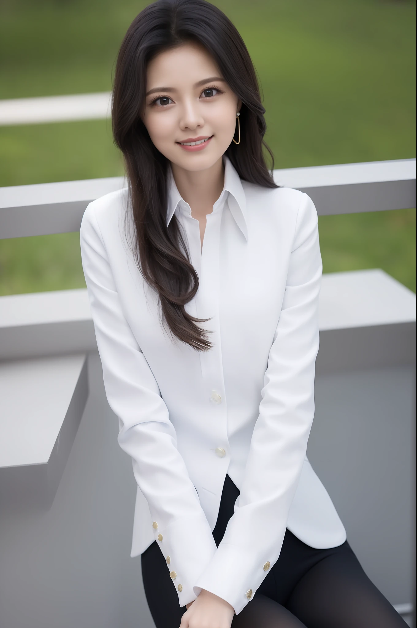 (8K, Best quality, Masterpiece:1.2), (Realistic, photo-realistic:1.37), Ultra-detailed, 1 girl, full bodyesbian, Outdoors, (Adjust hair:1.5) Office Lady, black officeblazer, officeskirt, (Pantyhose:1.2), (short buttoneddownshirt:1.2), buttonedupcollarprim, buttoneddowncollarprim, Bra, (Pantyhose:1.2), alphalayers, high-heels, Beautiful earrings, Cute, Solo, Beautiful detailed sky, (Smile:1.15), (Closed mouth), Small breasts, Beautiful detailed eyes, Business attire, (Short hair:1.2), Floating hair NovaFrogStyle,