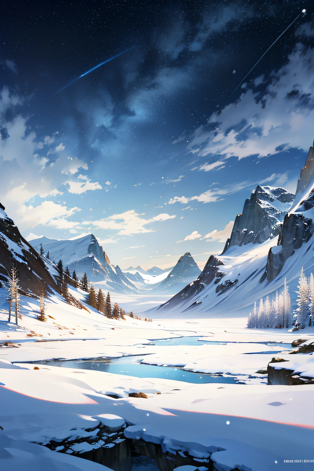 {{{masterpiece}}}, {{the best quality, super fine illustrations, beautiful and delicate water}}, {{very delicate light}}, {{nature, painting}}, {{fine lighting, more transparent stars, high-quality snowflakes, high-quality mountains, very fine 8KCG wallpapers}}, (plateau), (((snow mountain))), sunrise, randomly distributed clouds, (snow field), cliff, ((rotating star sky)), ((lake in mountain stream)), luminous particles