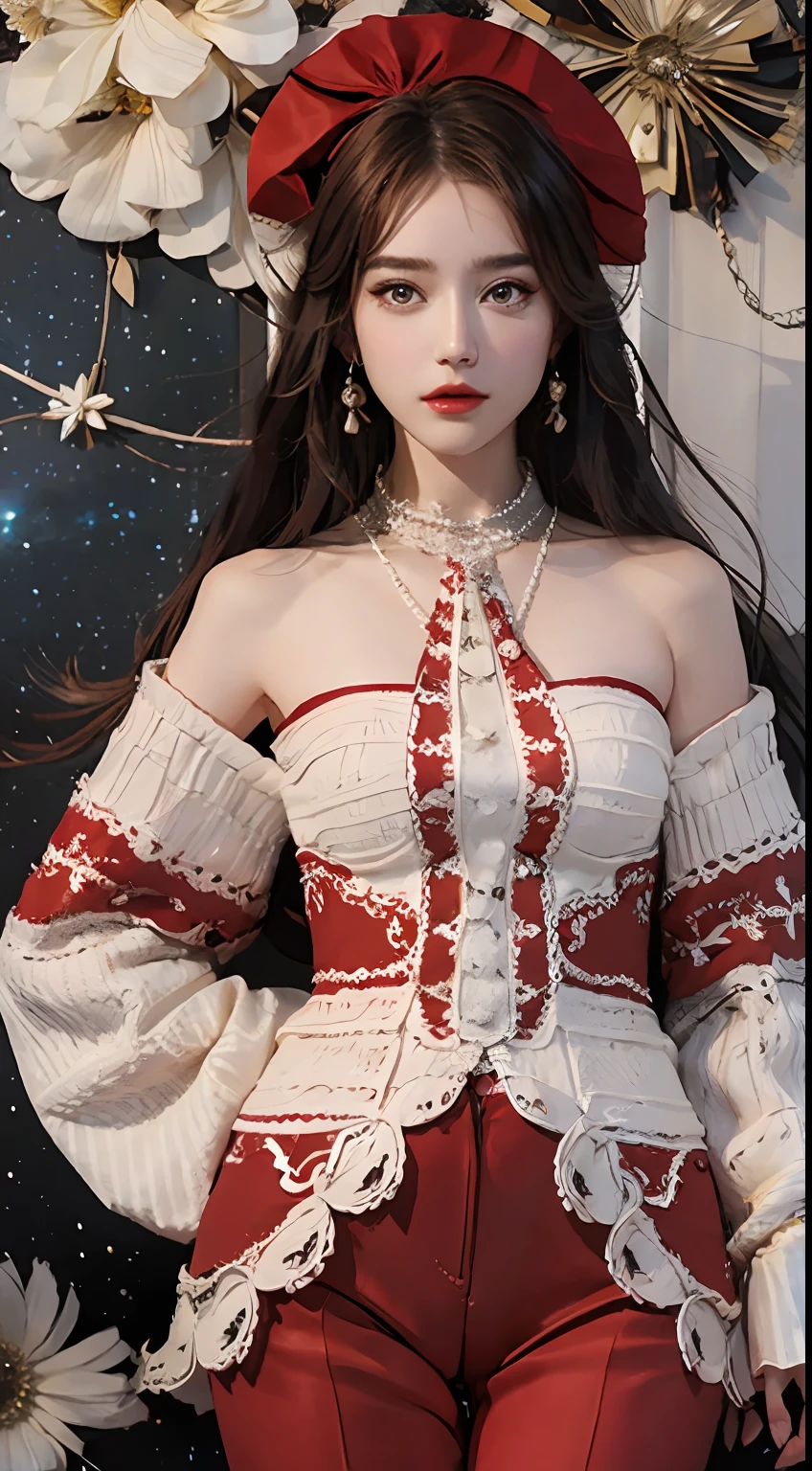 Delicate facial features, beautiful  Girl, Above is a red bandow, Red lace pants underneath, antique dress, Handheld Strings, long hair hanging down the shoulders, floating in the universe