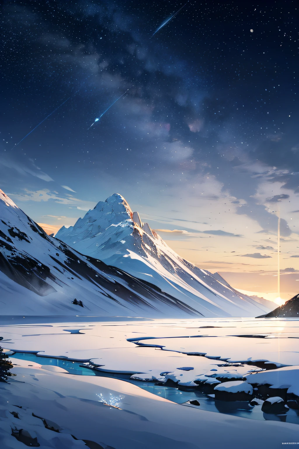 {{{masterpiece}}}, {{the best quality, super fine illustrations, beautiful and delicate water}}, {{very delicate light}}, {{nature, painting}}, {{fine lighting, more transparent stars, high-quality snowflakes, high-quality mountains, very fine 8KCG wallpapers}}, (plateau), (((snow mountain))), sunrise, randomly distributed clouds, (snow field), cliff, ((rotating star sky)), ((lake in mountain stream)), luminous particles